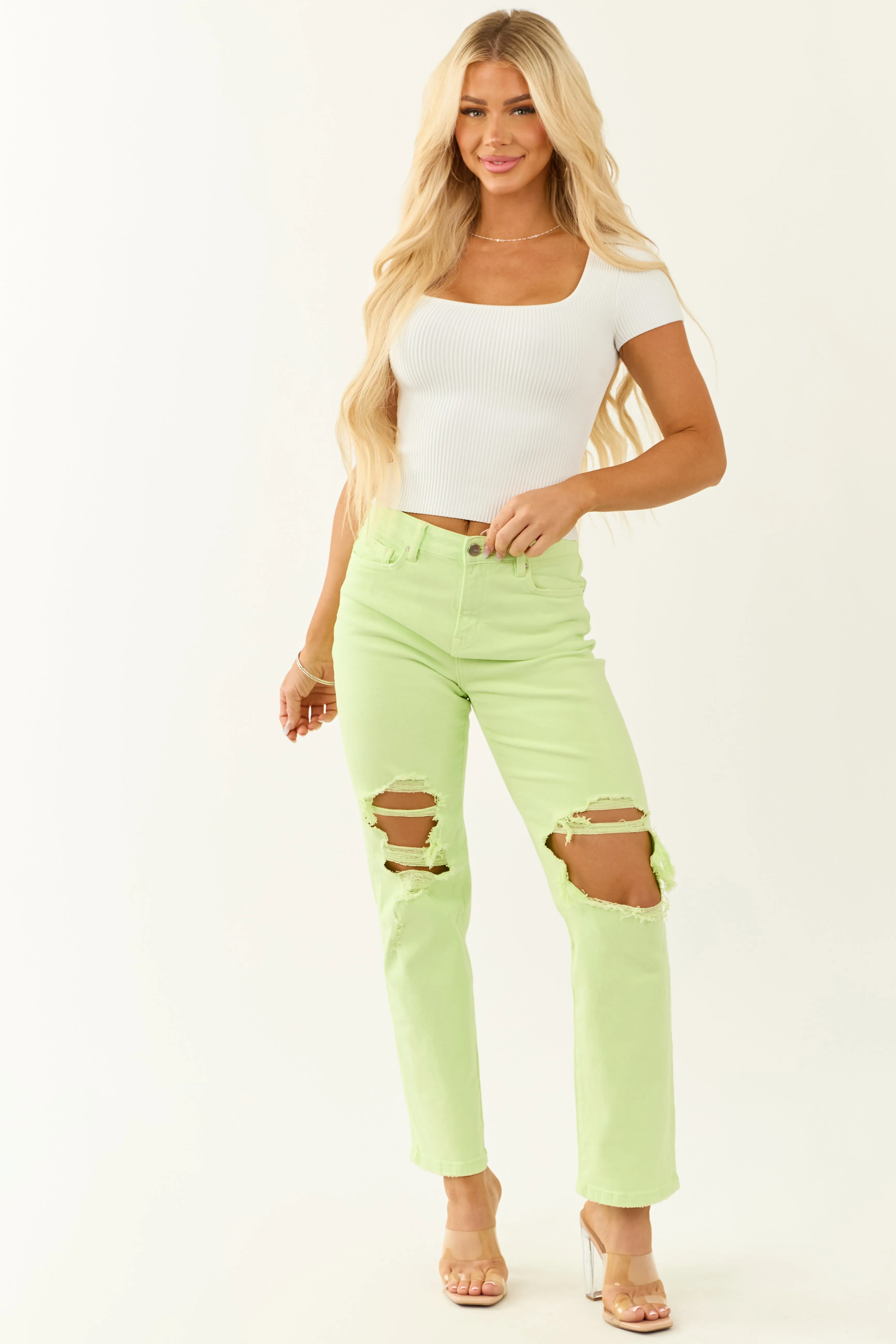 Mica Denim Neon Lime Straight Leg Stretchy Jeans design led