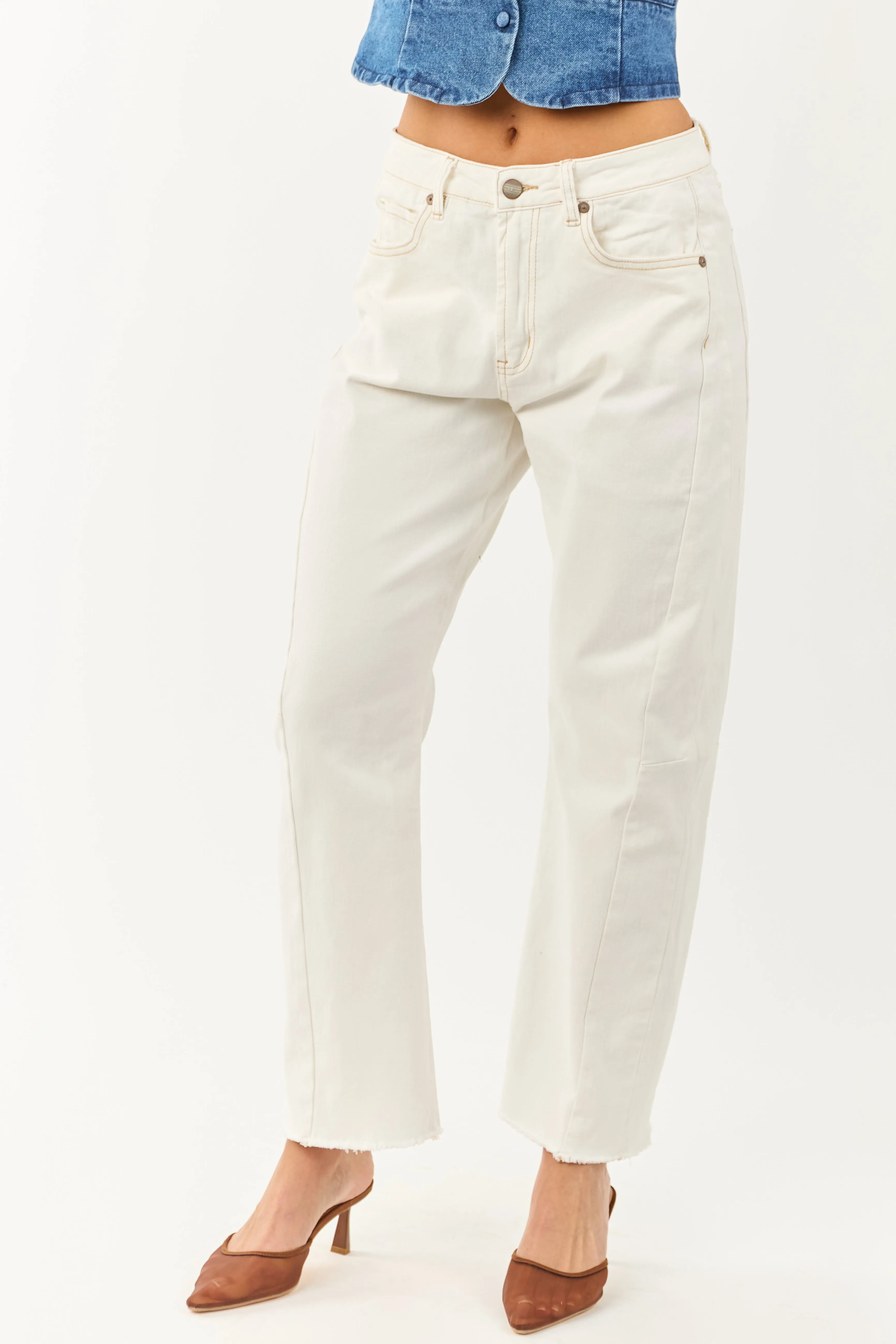 Mica Denim Off White High Rise Stretchy Barrel Jeans light feel