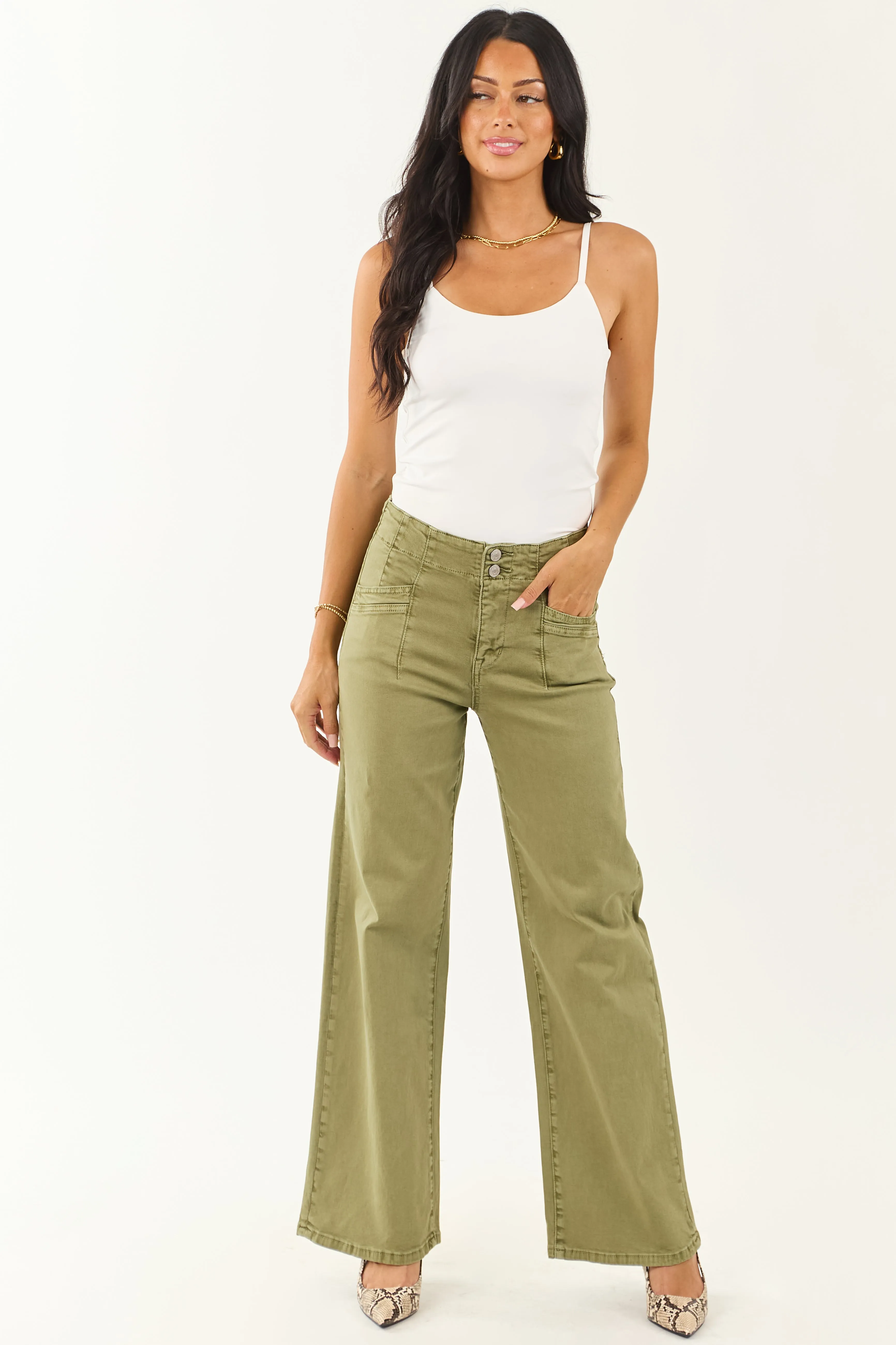 Mica Denim Pistachio Wide Leg Stretchy Jeans soft wrap