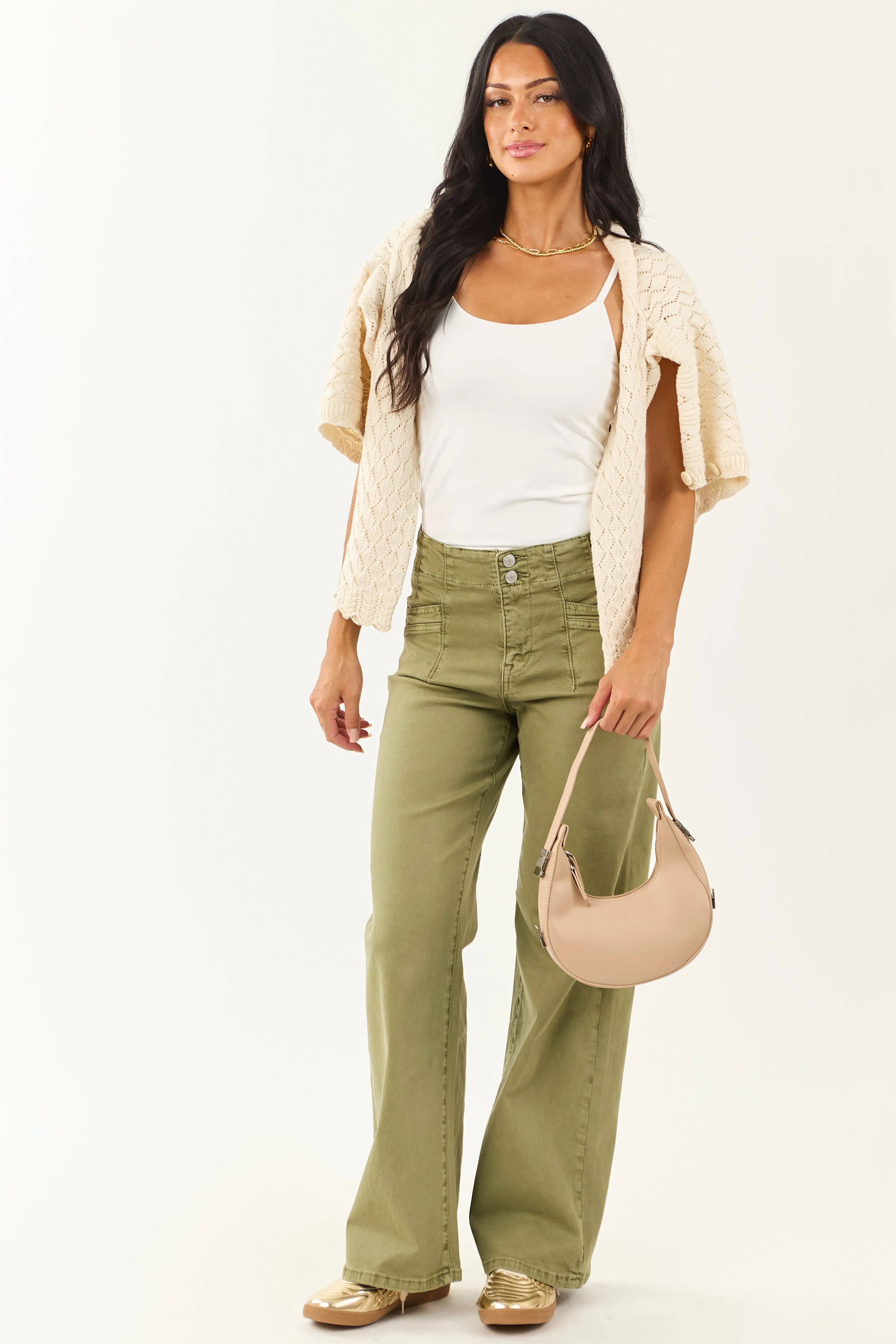 Mica Denim Pistachio Wide Leg Stretchy Jeans soft wrap