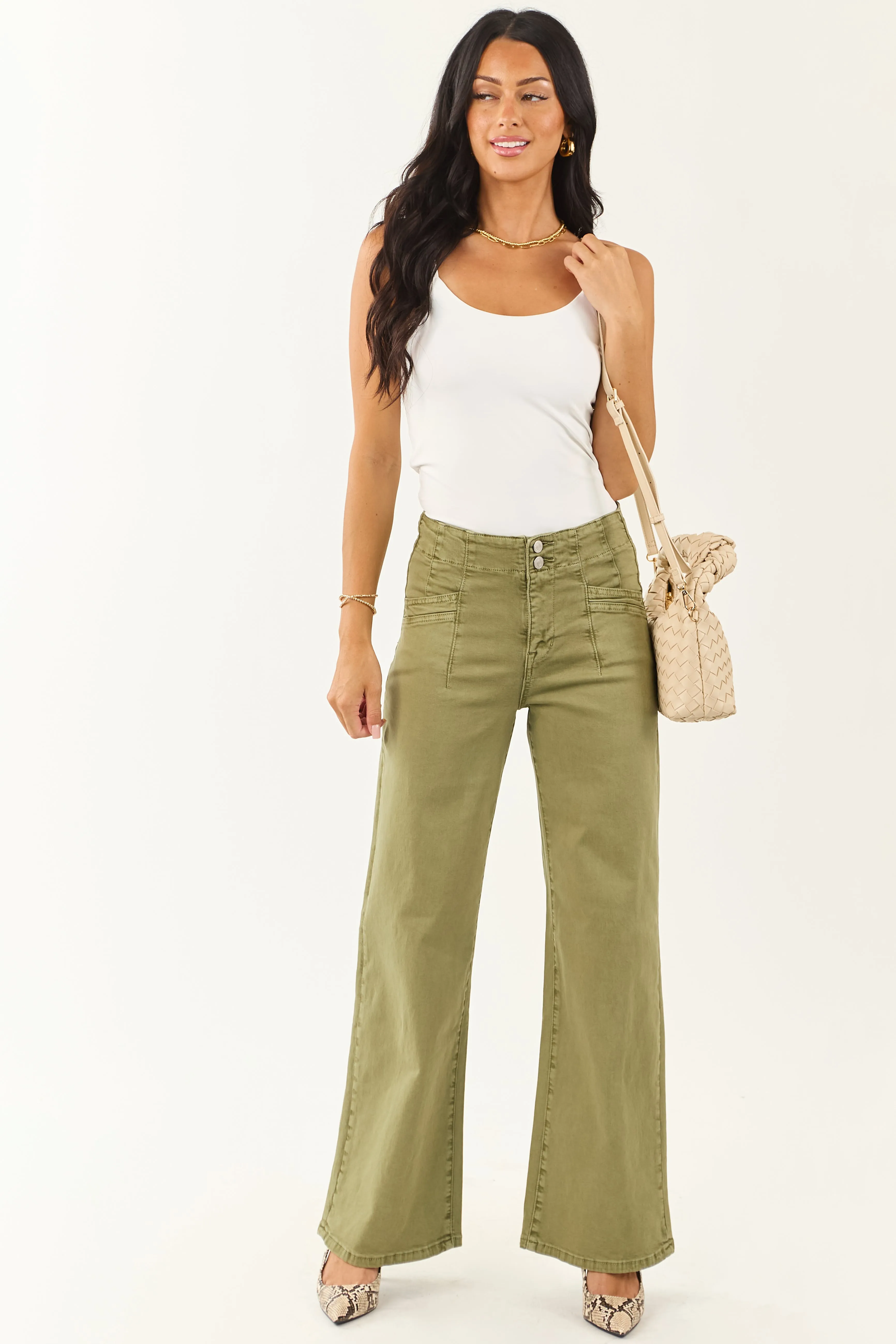 Mica Denim Pistachio Wide Leg Stretchy Jeans soft wrap