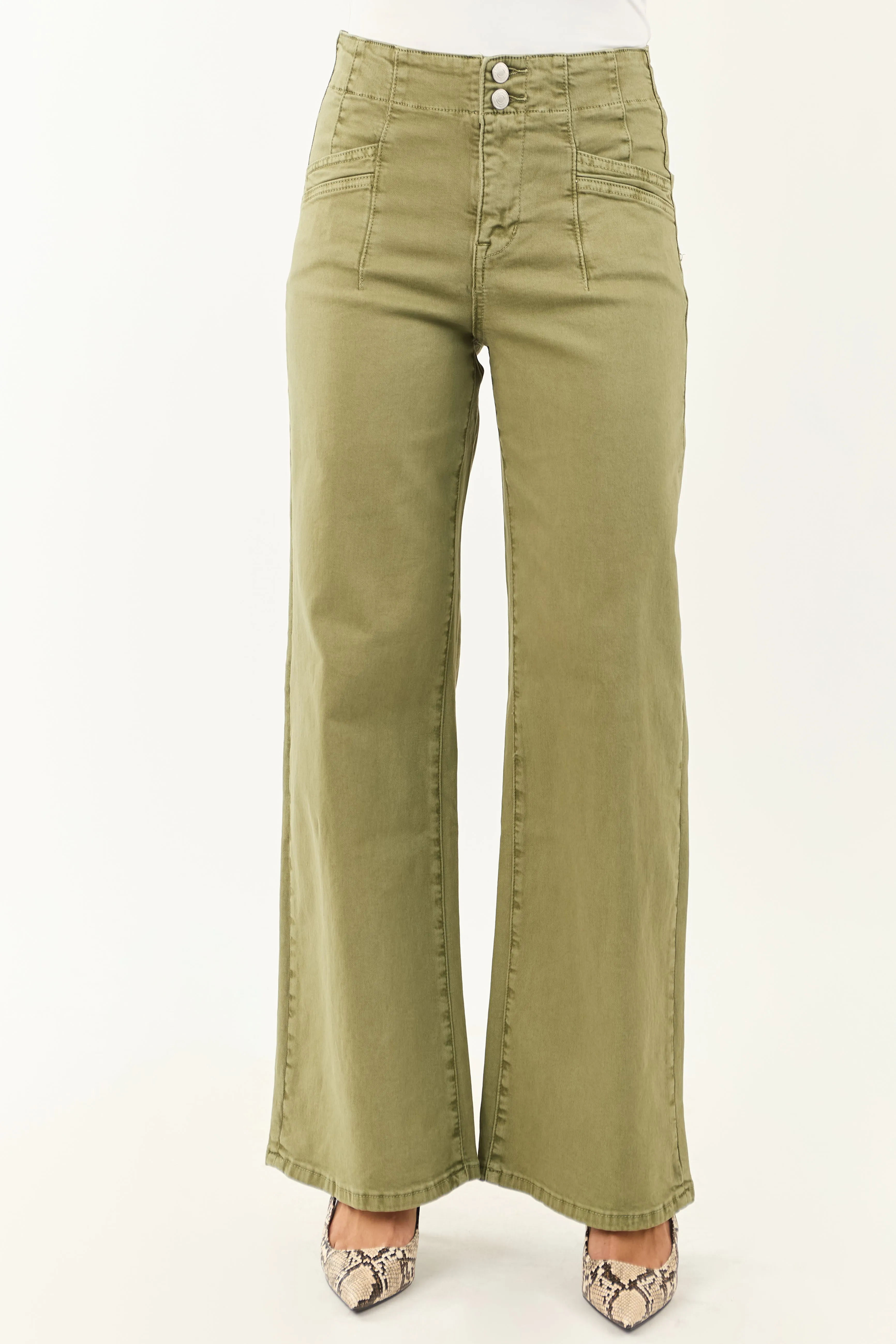 Mica Denim Pistachio Wide Leg Stretchy Jeans soft wrap