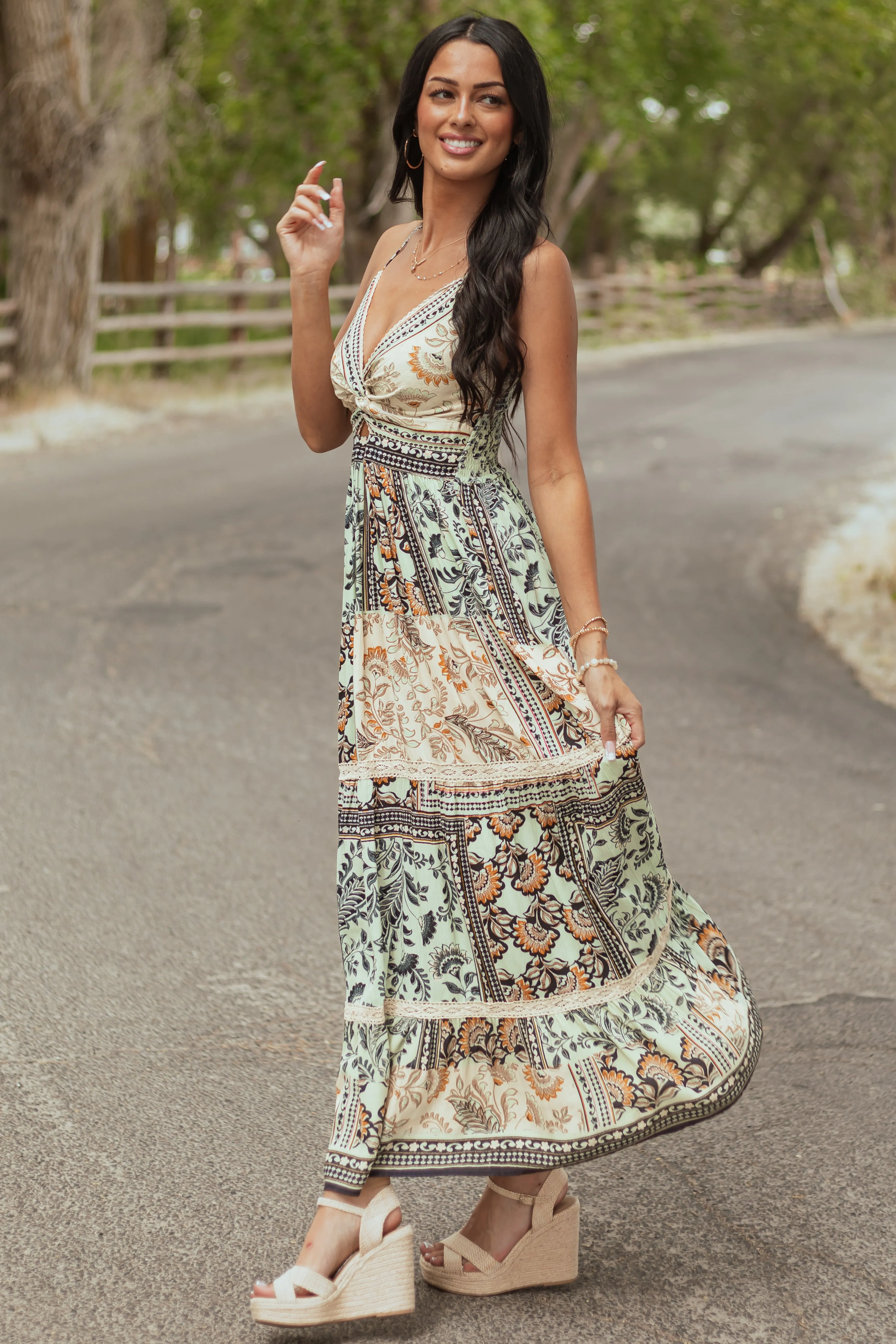 Mint Scarf Print Front Twist Sleeveless Maxi Dress ruffled dress