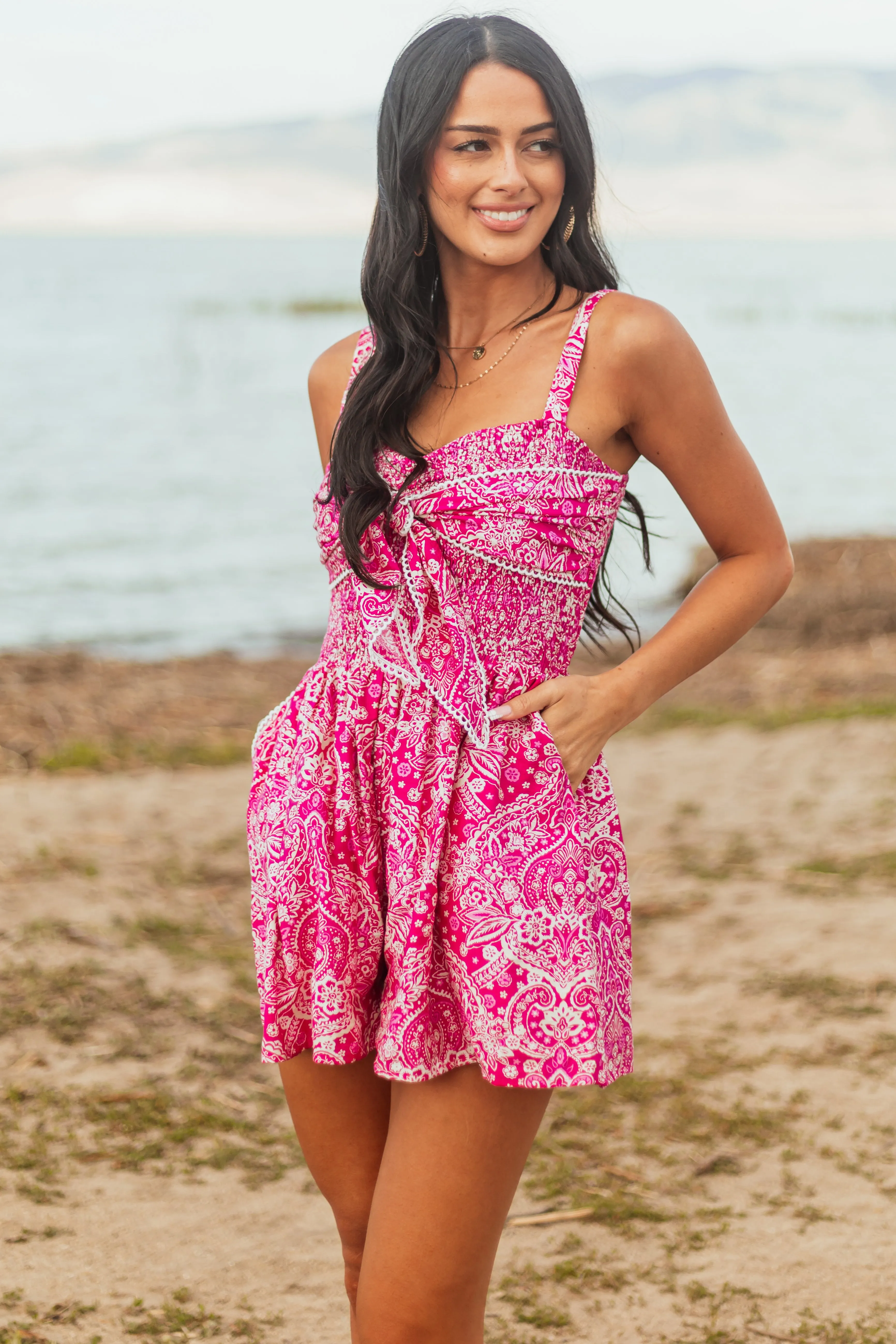 Mulberry Paisley Print Bust Tie Sleeveless Romper casual wear