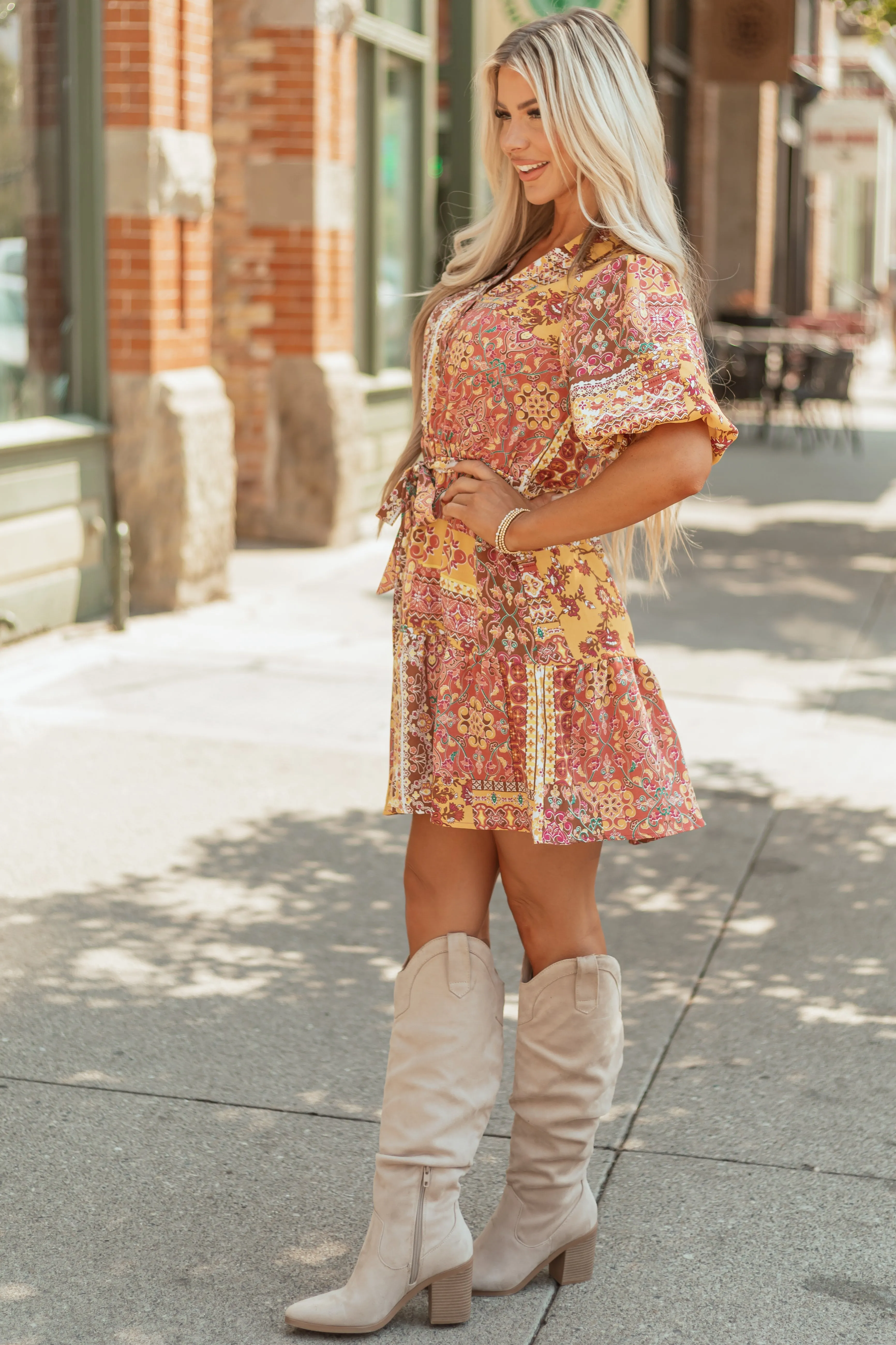 Mustard Boho Tile Print Bubble Sleeve Mini Dress short sleeve