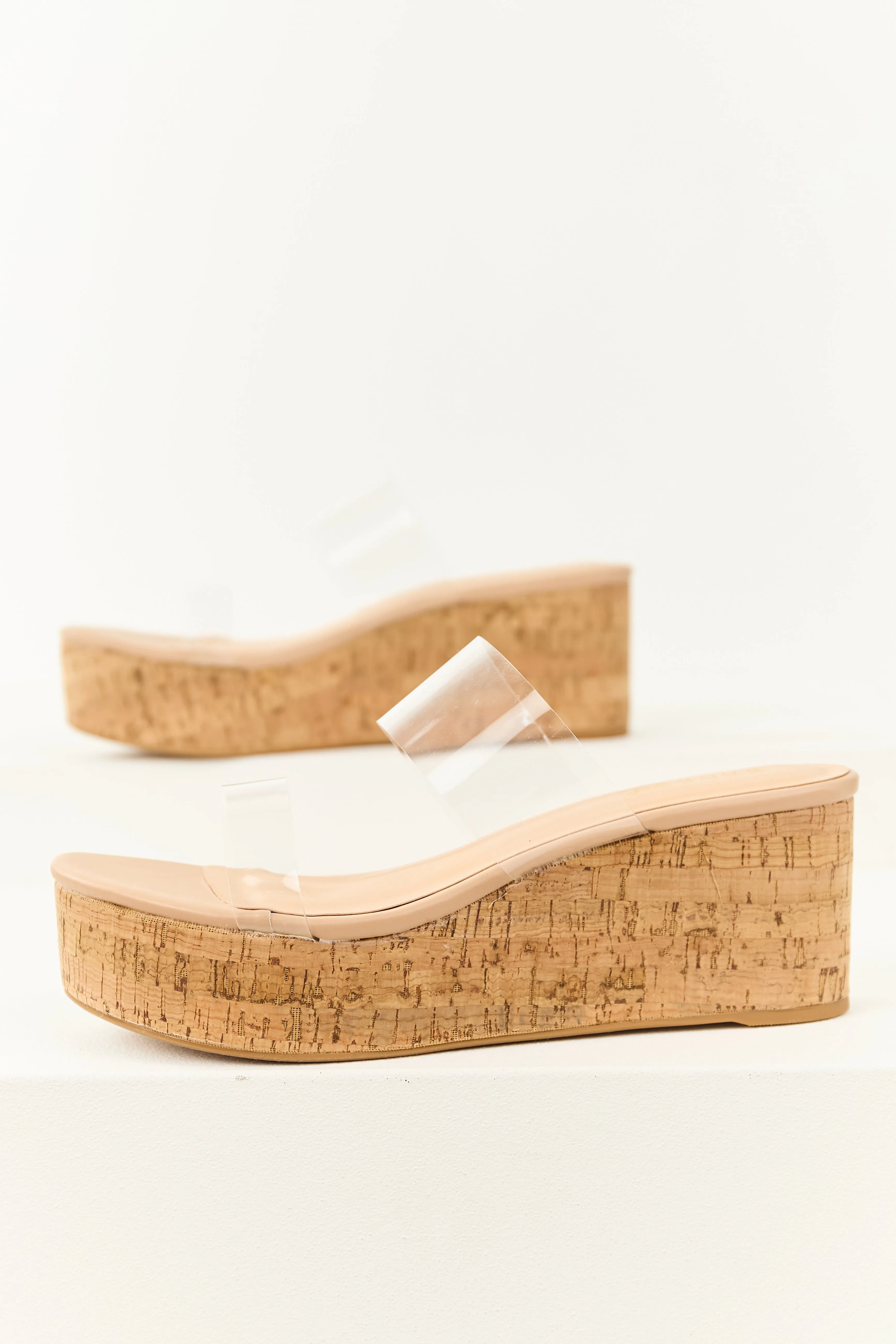 Nude Double Clear Strap Platform Cork Sandals refined vibe
