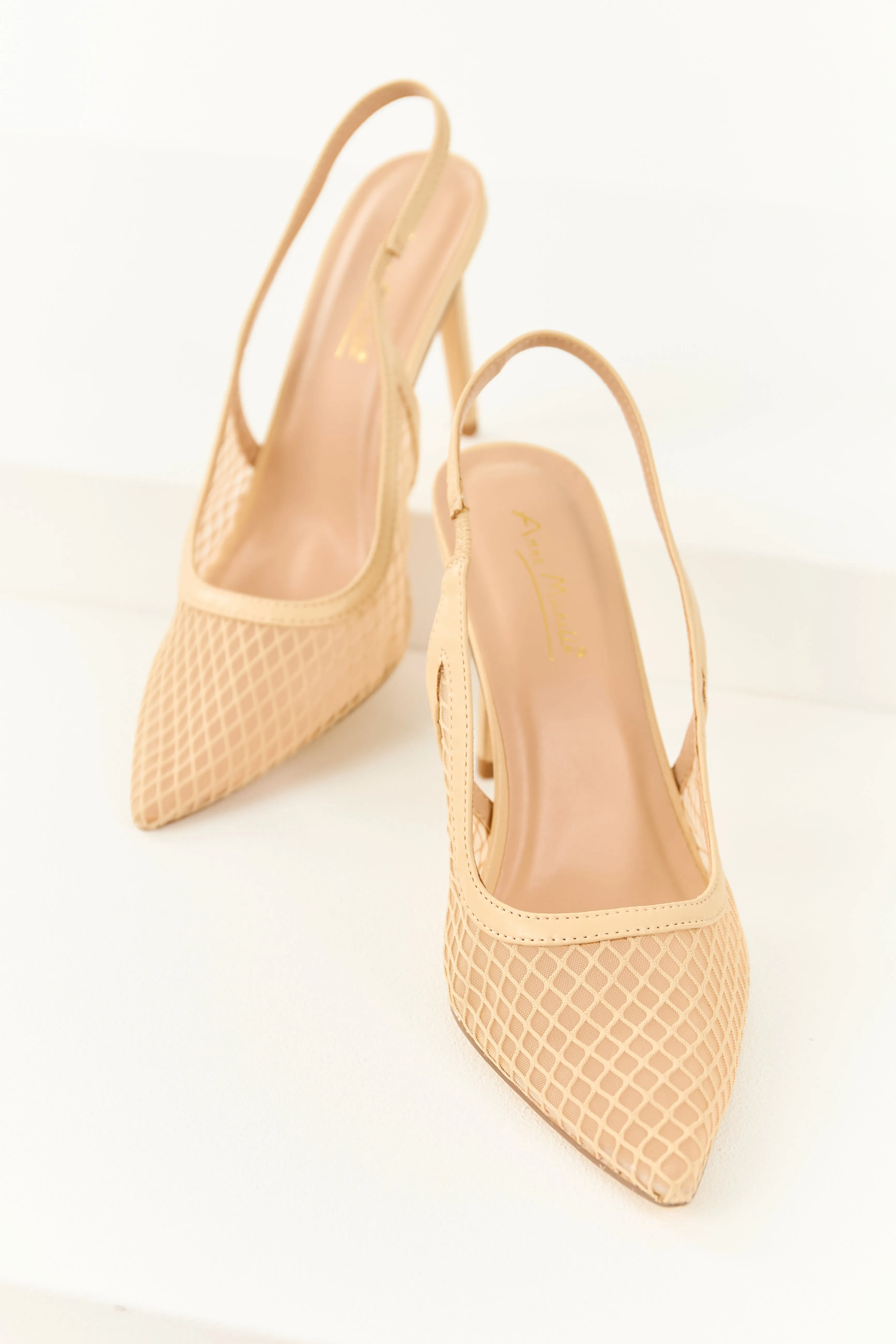 Nude Mesh Pointed Toe Slingback Stiletto Heels confidence wear
