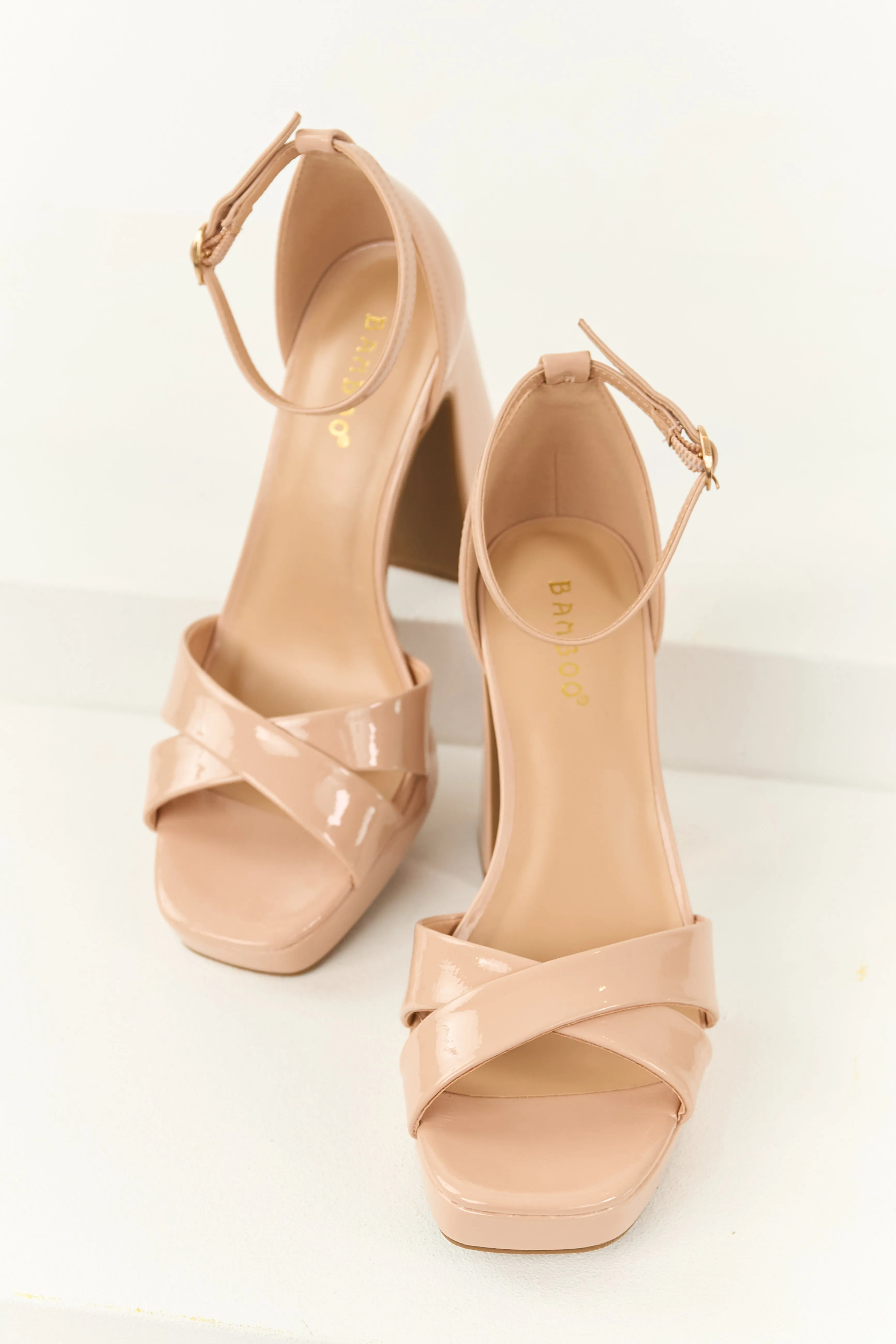 Nude Patent Faux Leather Platform Block Heels smooth fit