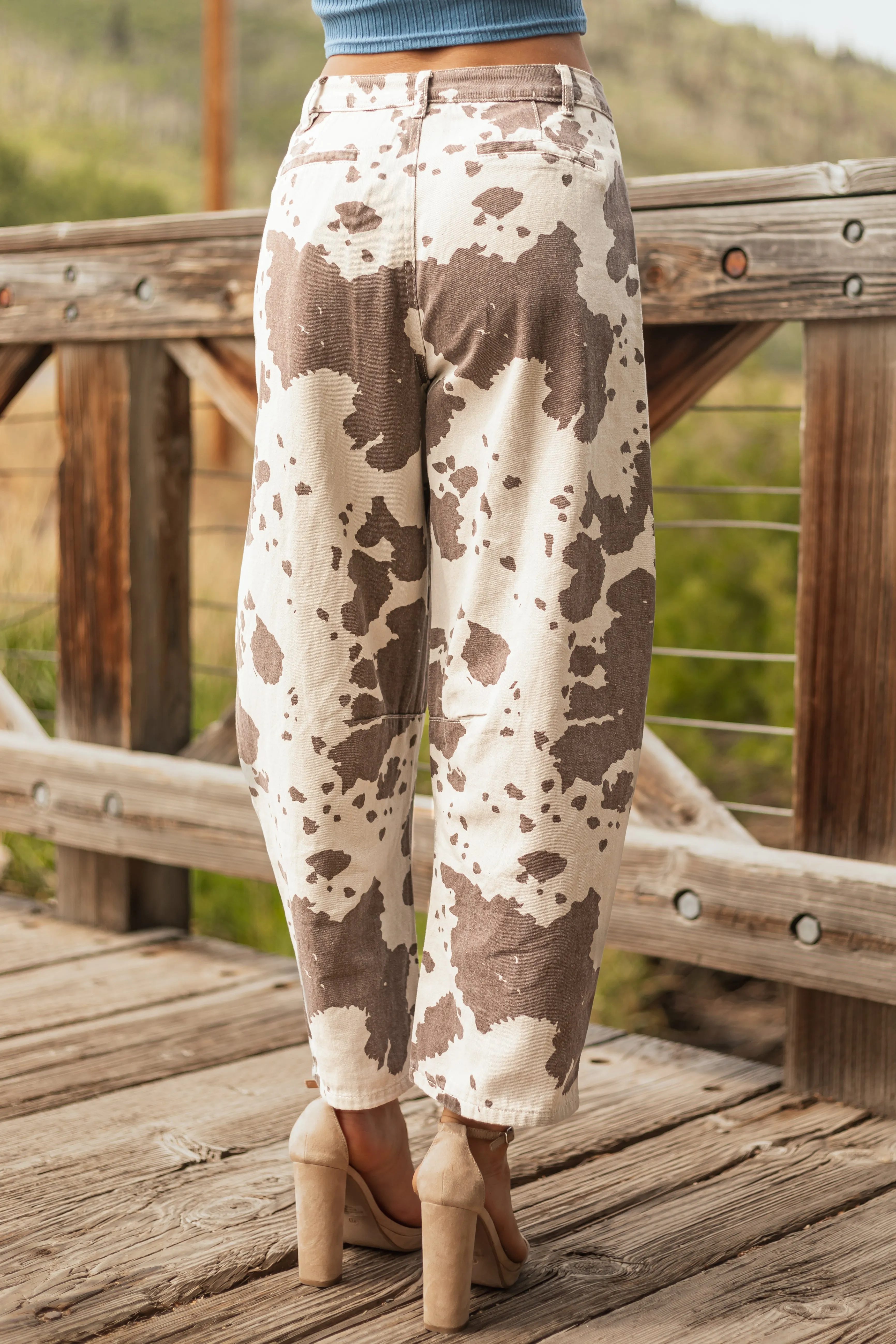 Oatmeal and Chocolate Cow Print Barrel Jeans bold spirit