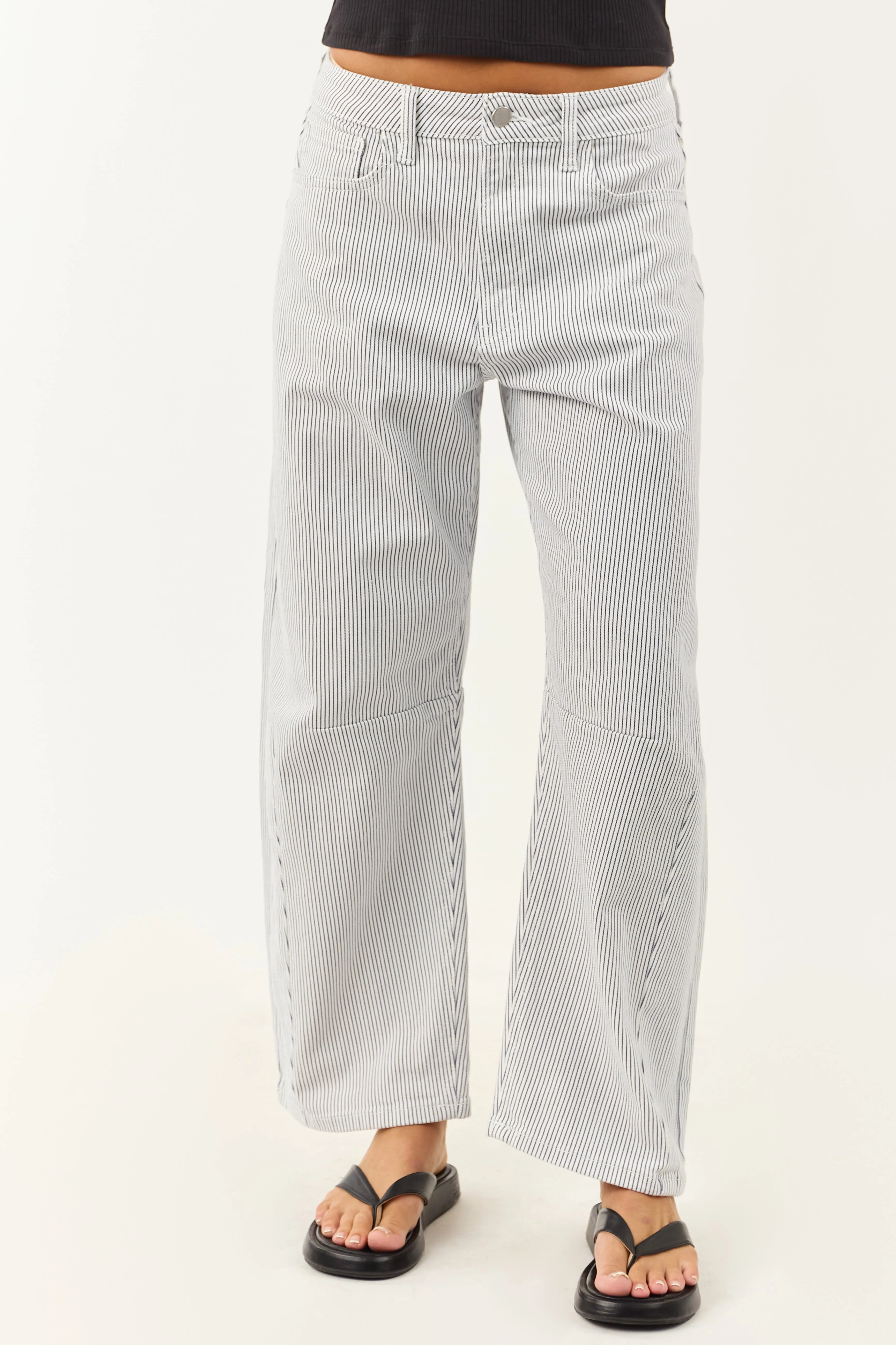 Off White High Rise Railroad Stripe Stretchy Barrel Jeans fast dress