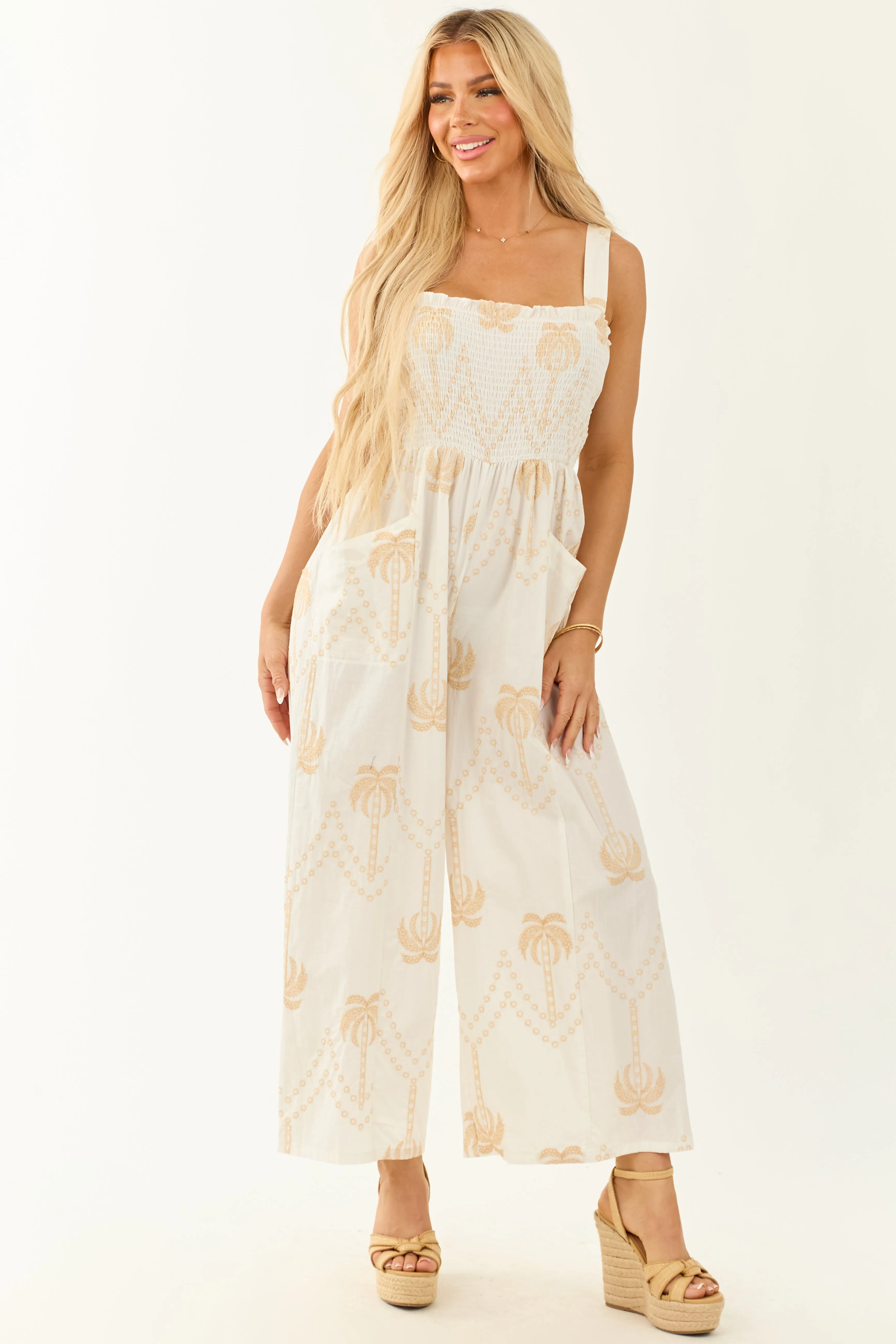 Off White Palm Tree Embroidery Smocked Jumpsuit shift dress