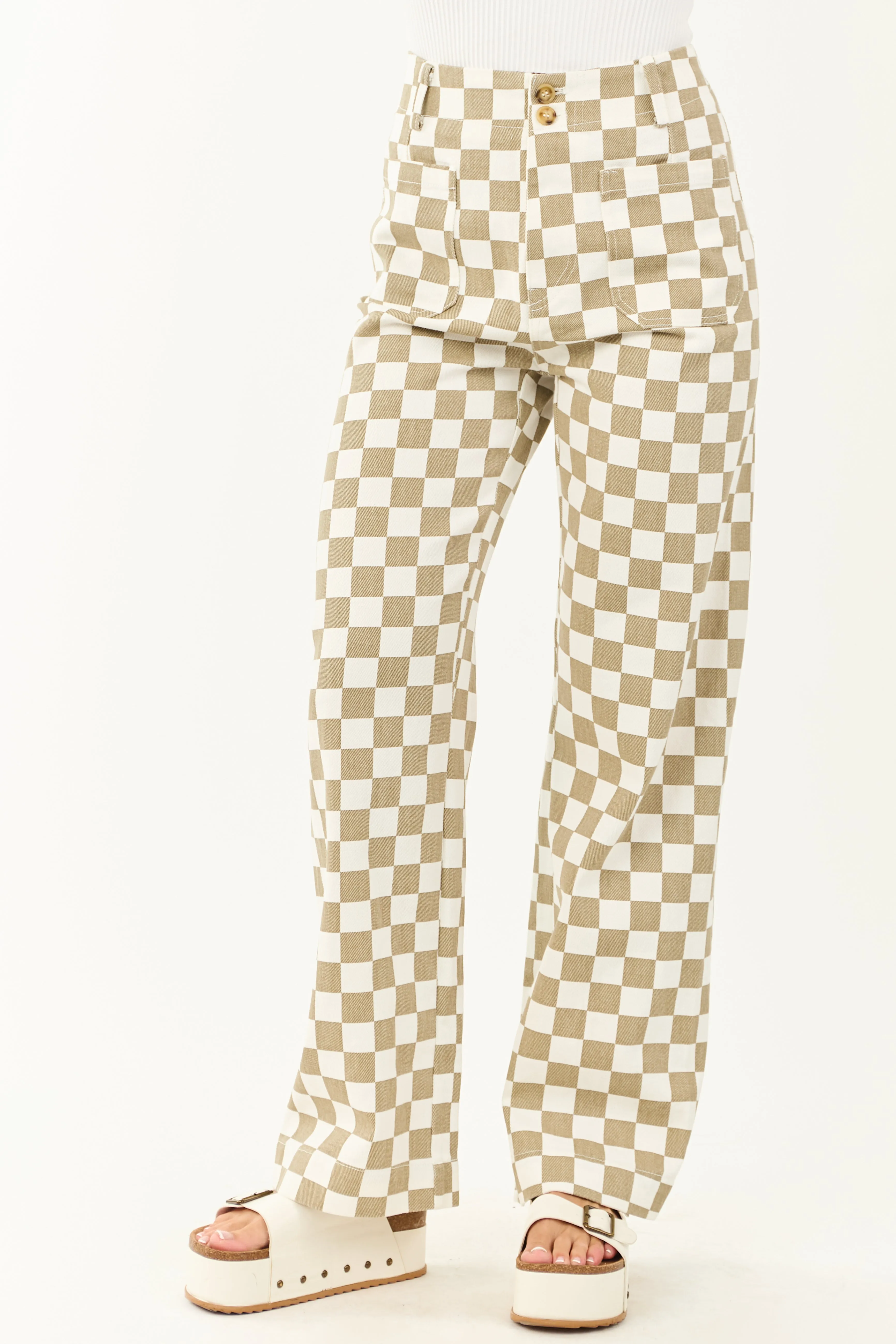 Olive and Ivory Checkered Denim Wide Leg Pants airy feel