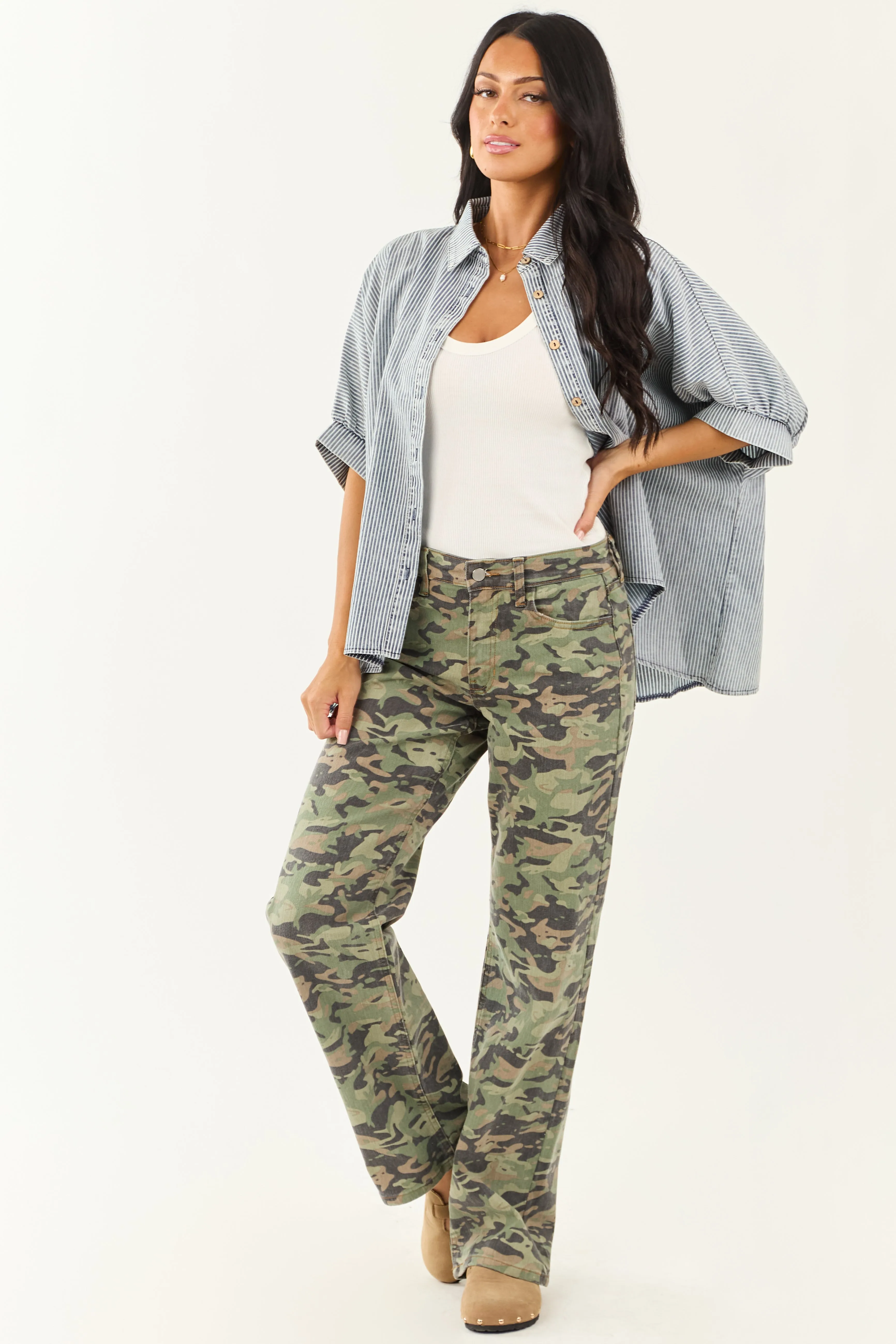 Olive Camo Print Stretchy Relaxed Straight Jeans all age