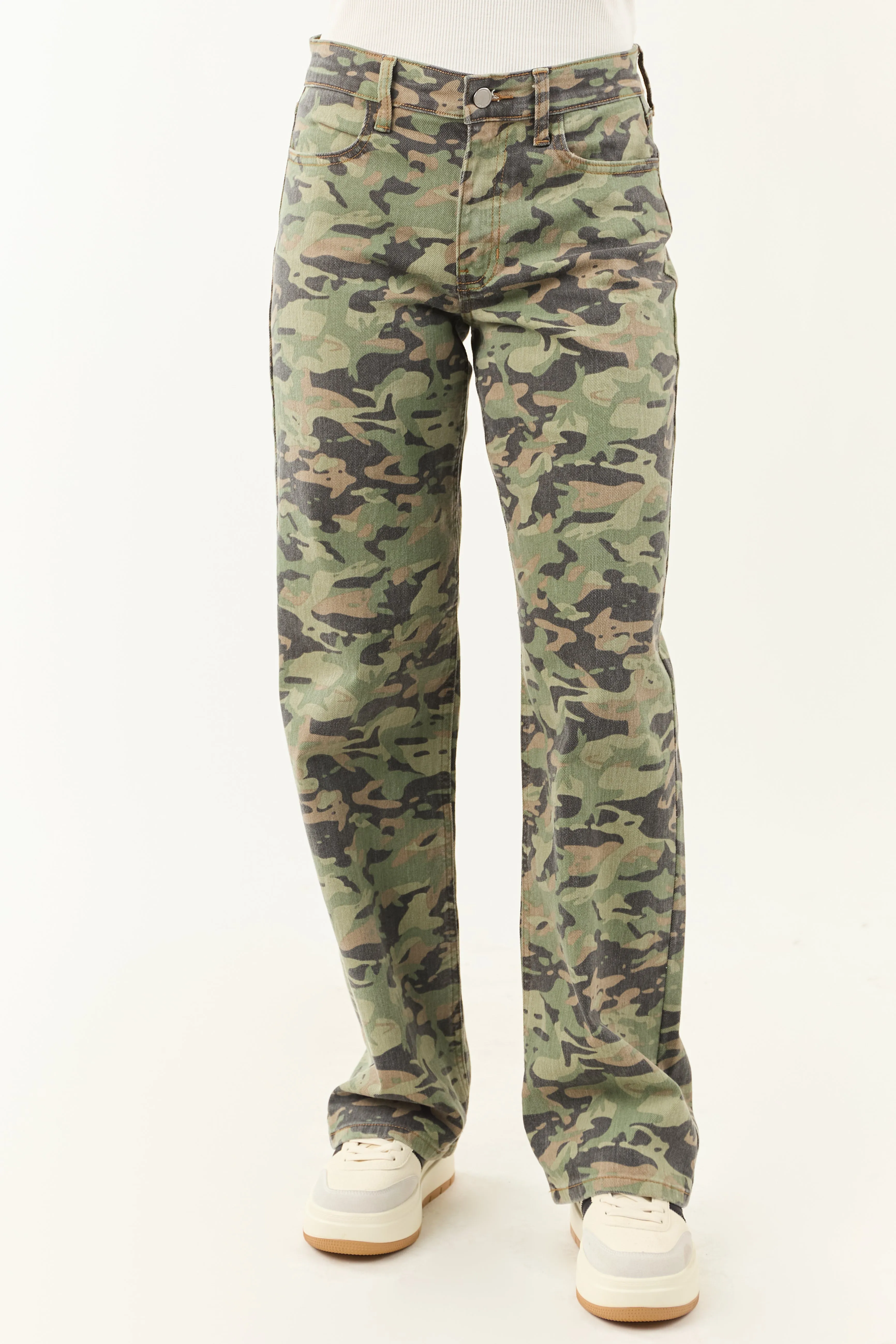 Olive Camo Print Stretchy Relaxed Straight Jeans all age