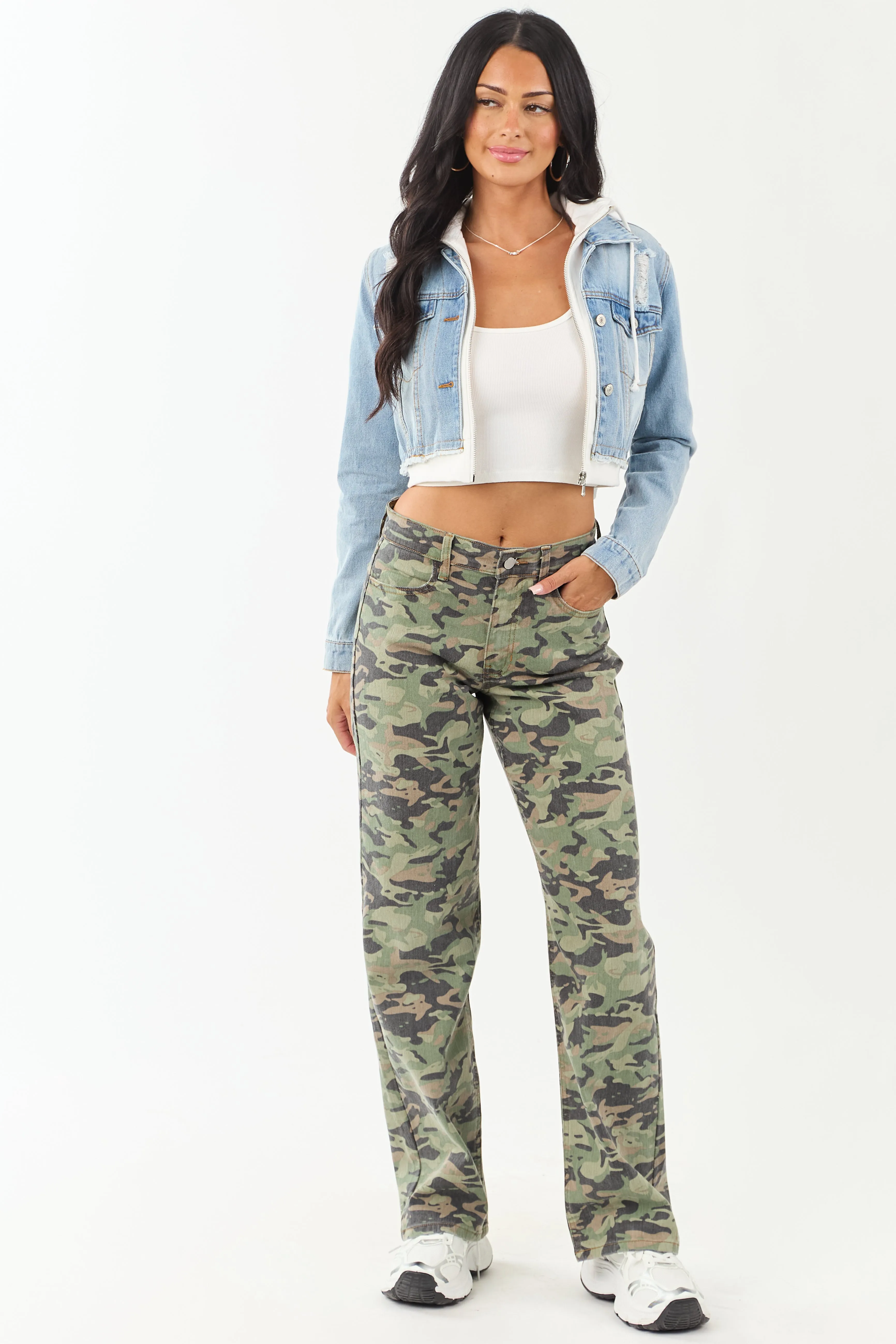 Olive Camo Print Stretchy Relaxed Straight Jeans all age