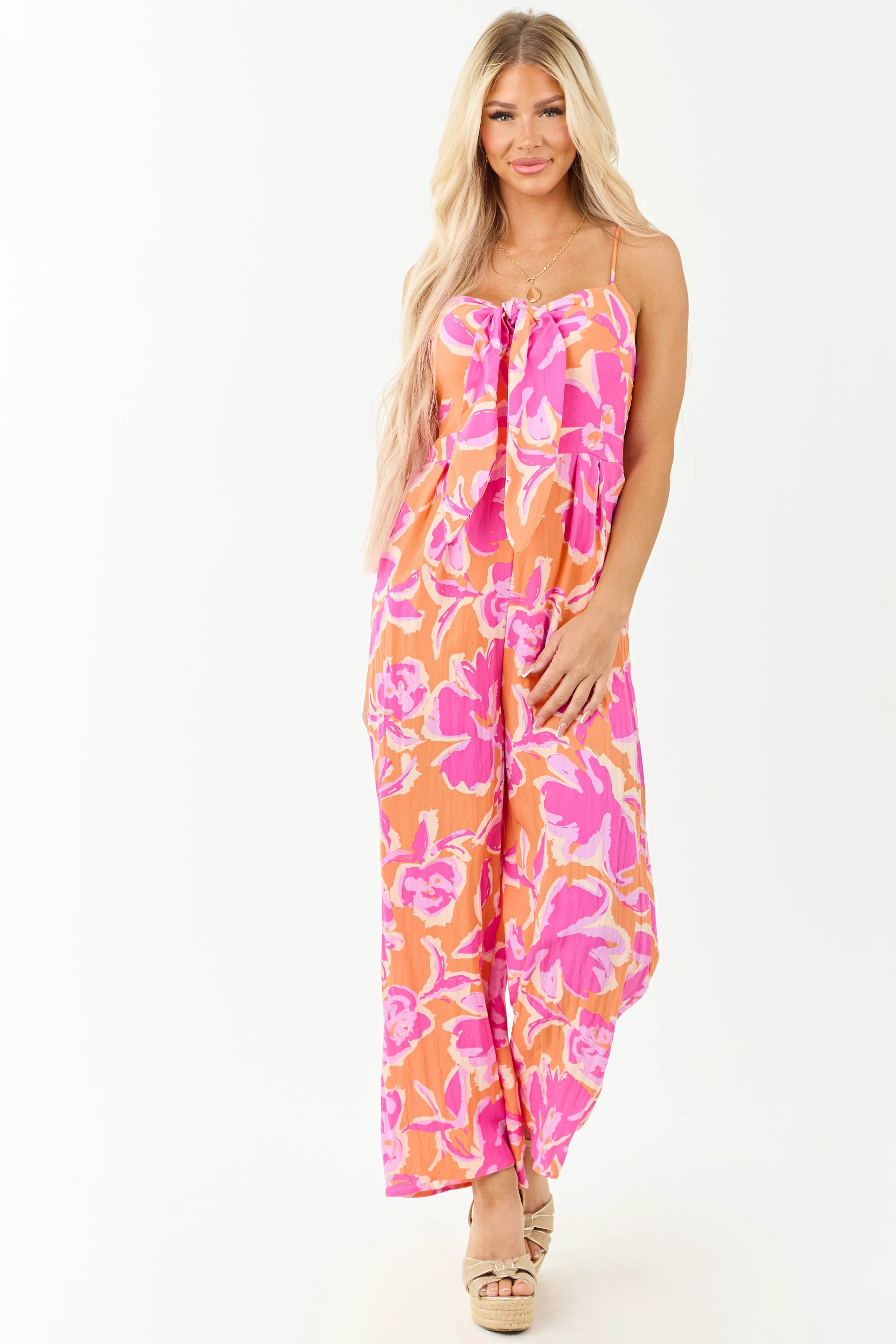 Papaya Beachy Print Sleeveless Front Tie Jumpsuit sequin dress