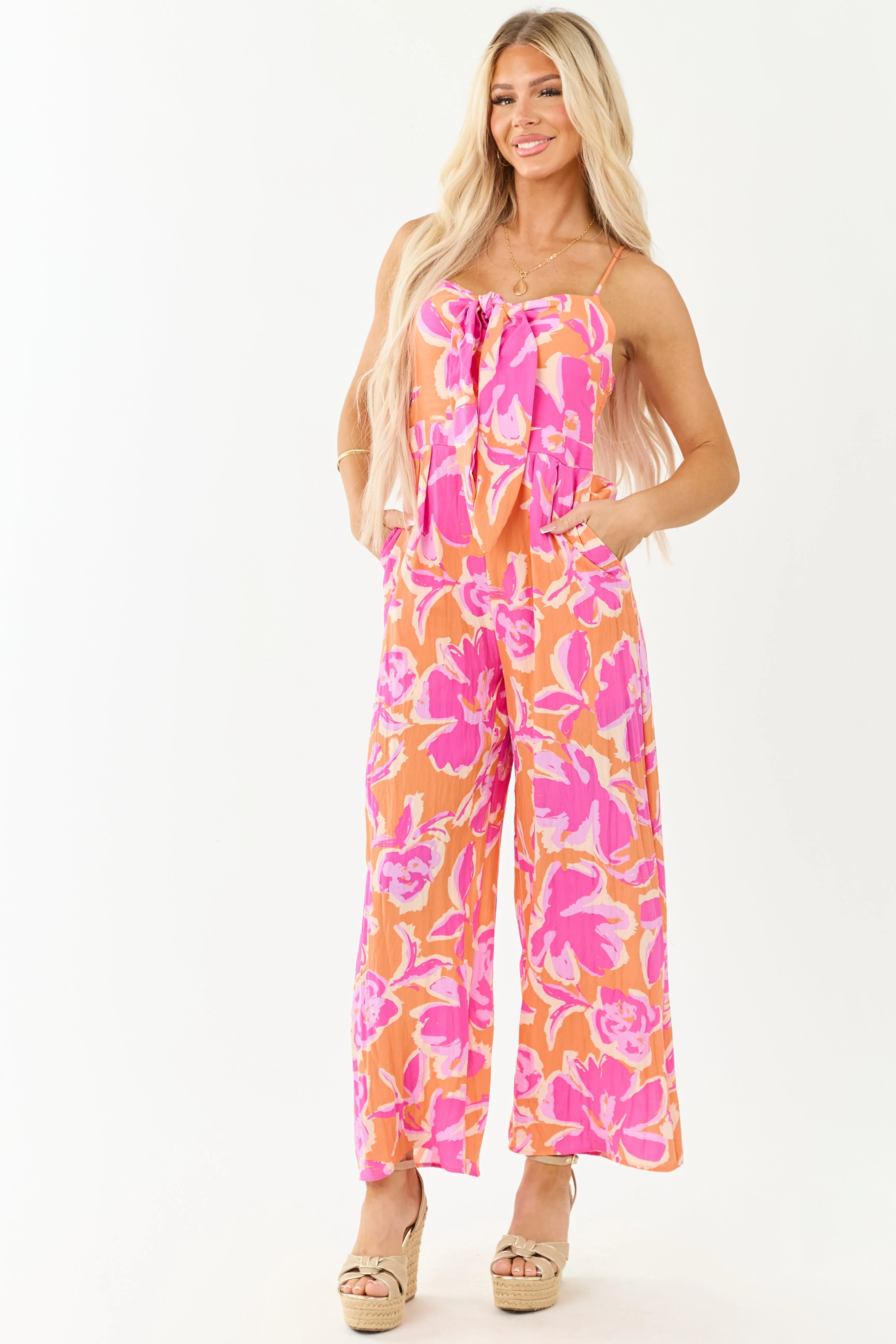Papaya Beachy Print Sleeveless Front Tie Jumpsuit sequin dress