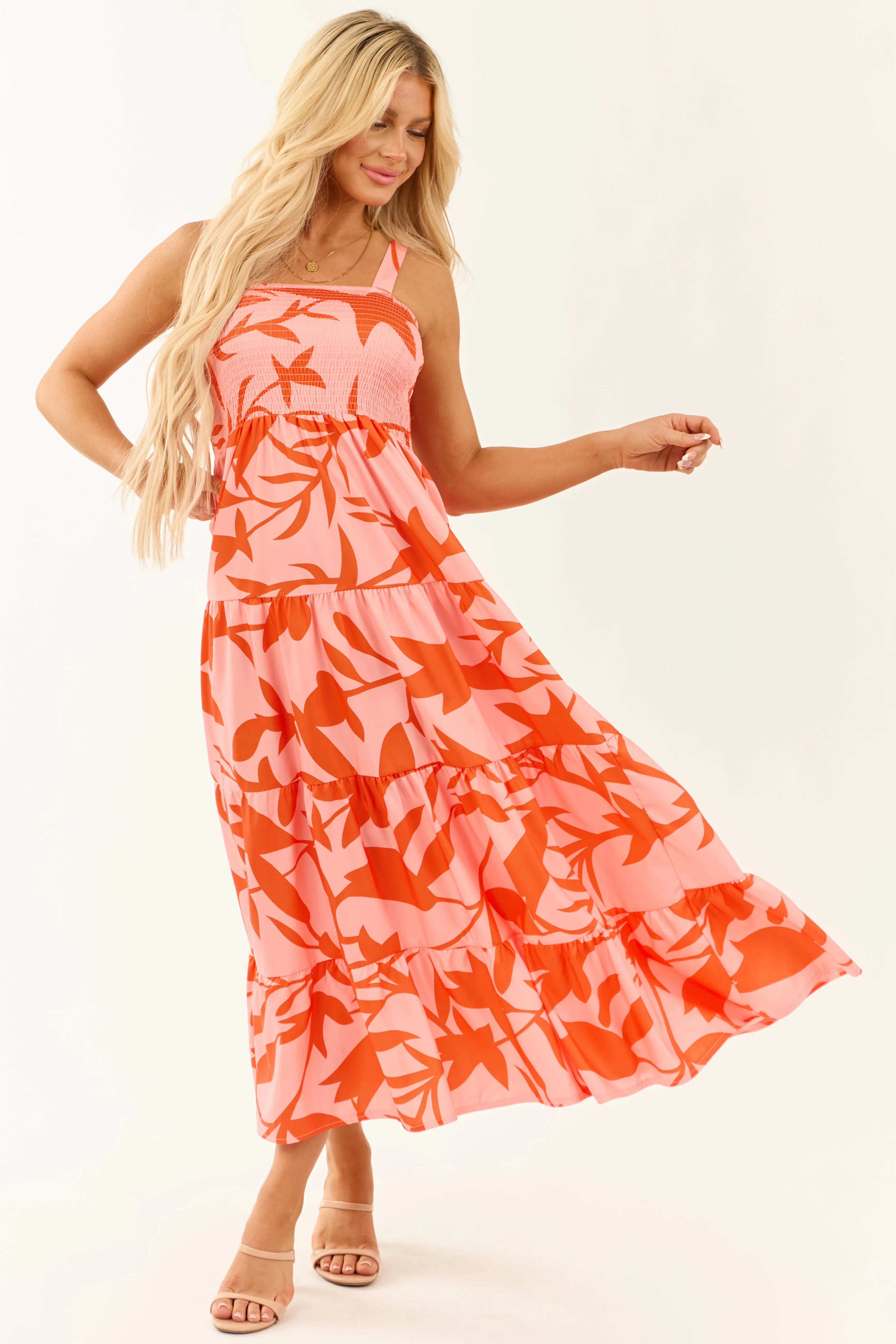 Peach Abstract Print Tie Straps Midi Dress formal outfit