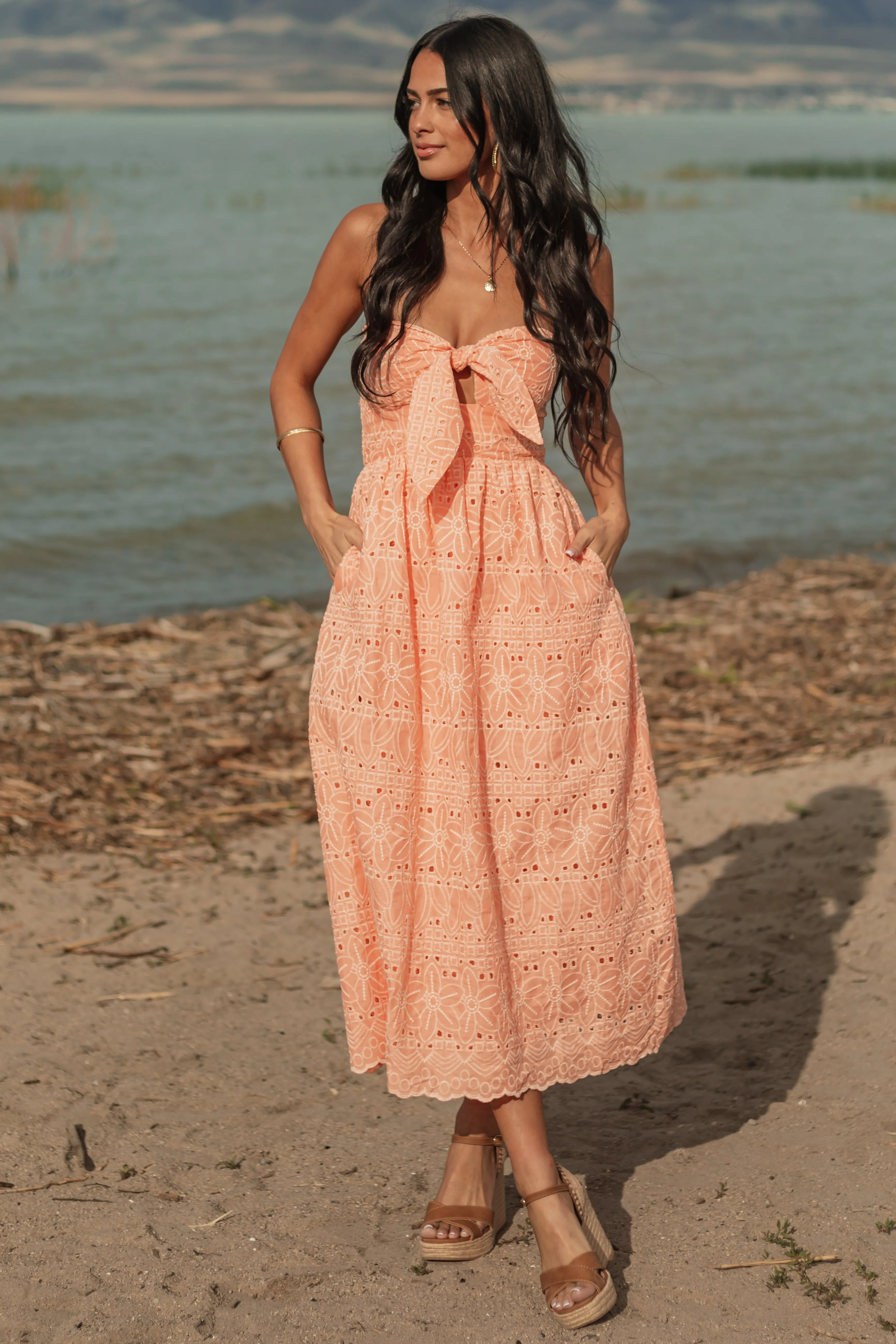 Peach Strapless Eyelet Front Tie Midi Dress off shoulder