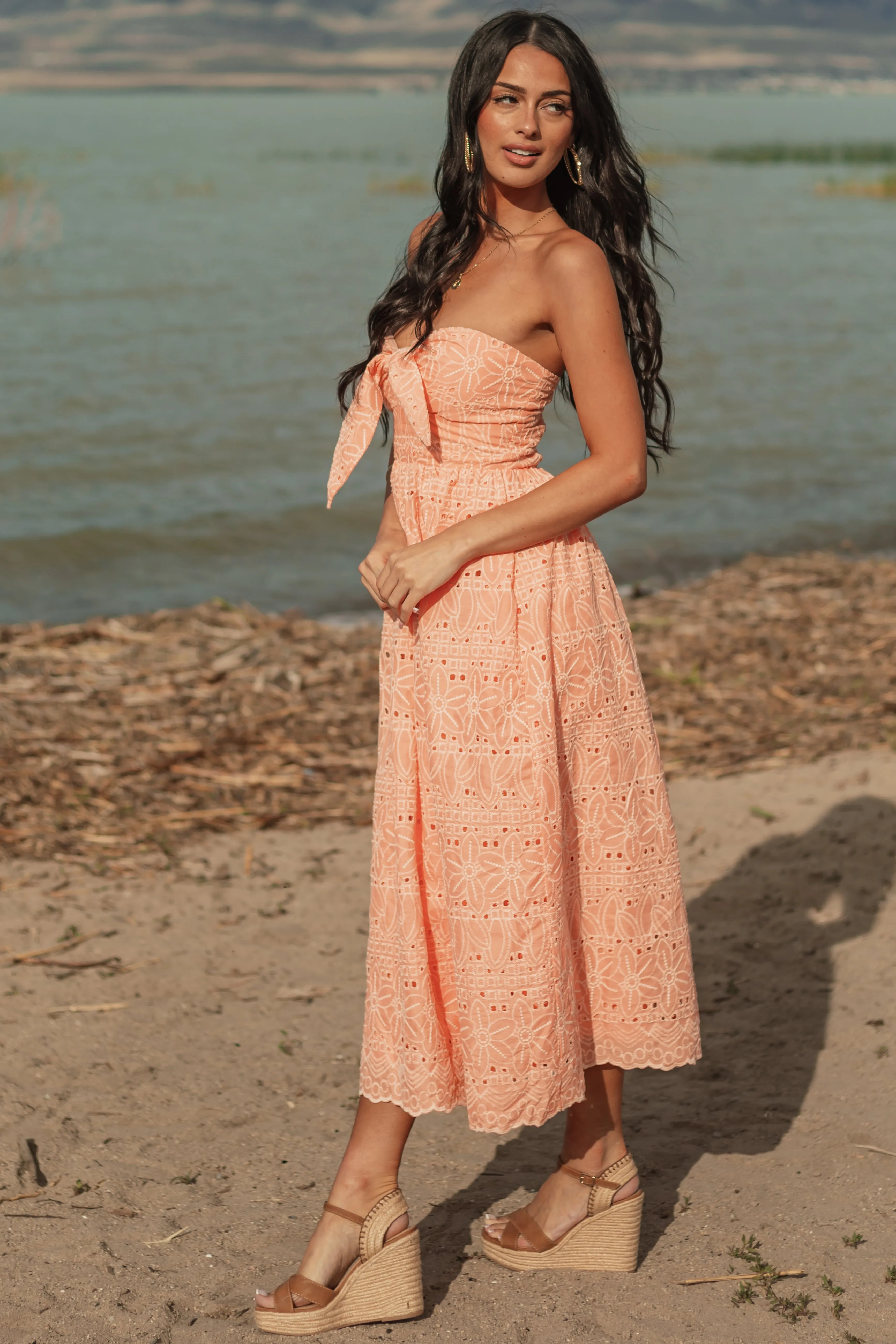 Peach Strapless Eyelet Front Tie Midi Dress off shoulder