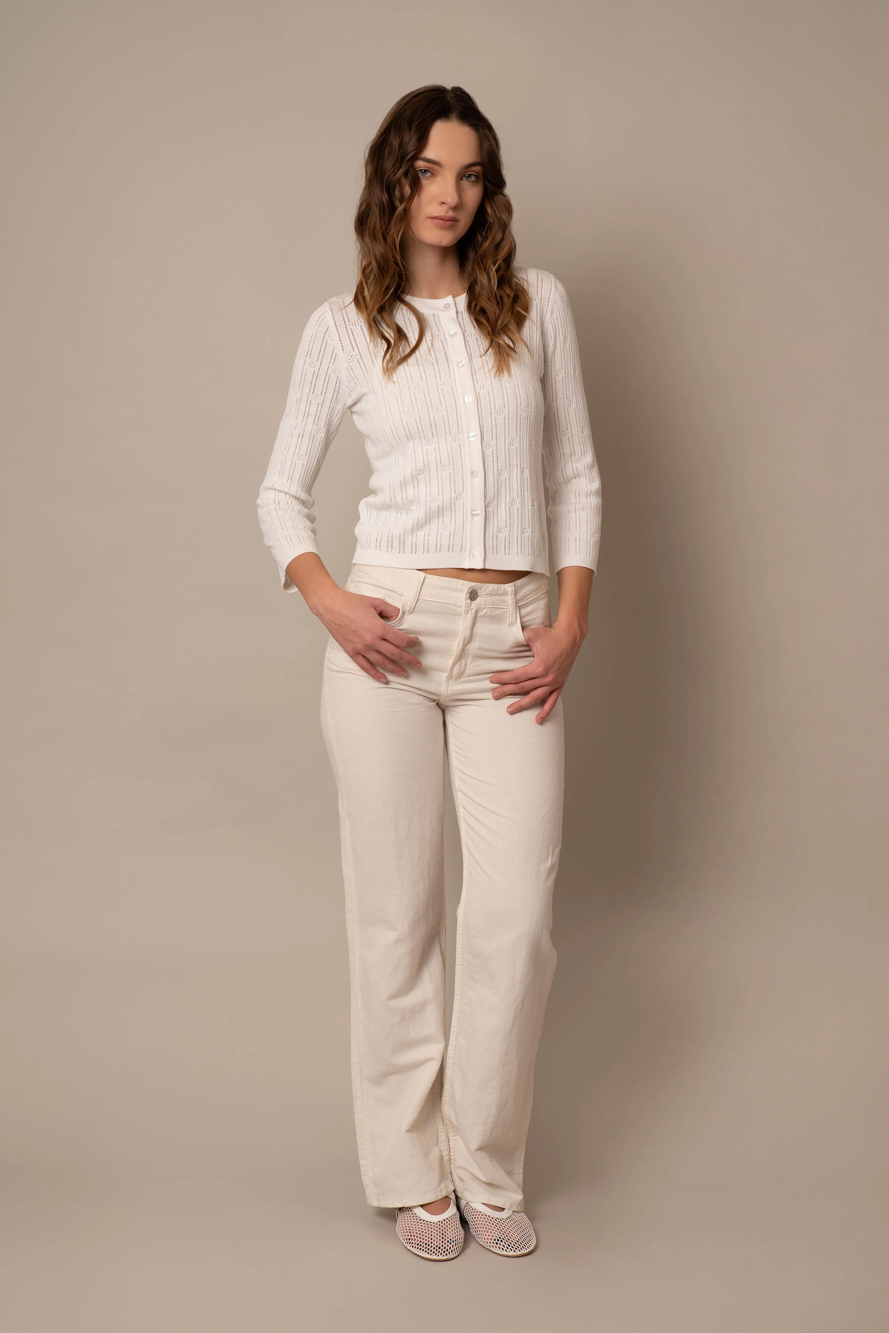 Pointelle Novelty Crew Neck Cardigan soft vibe