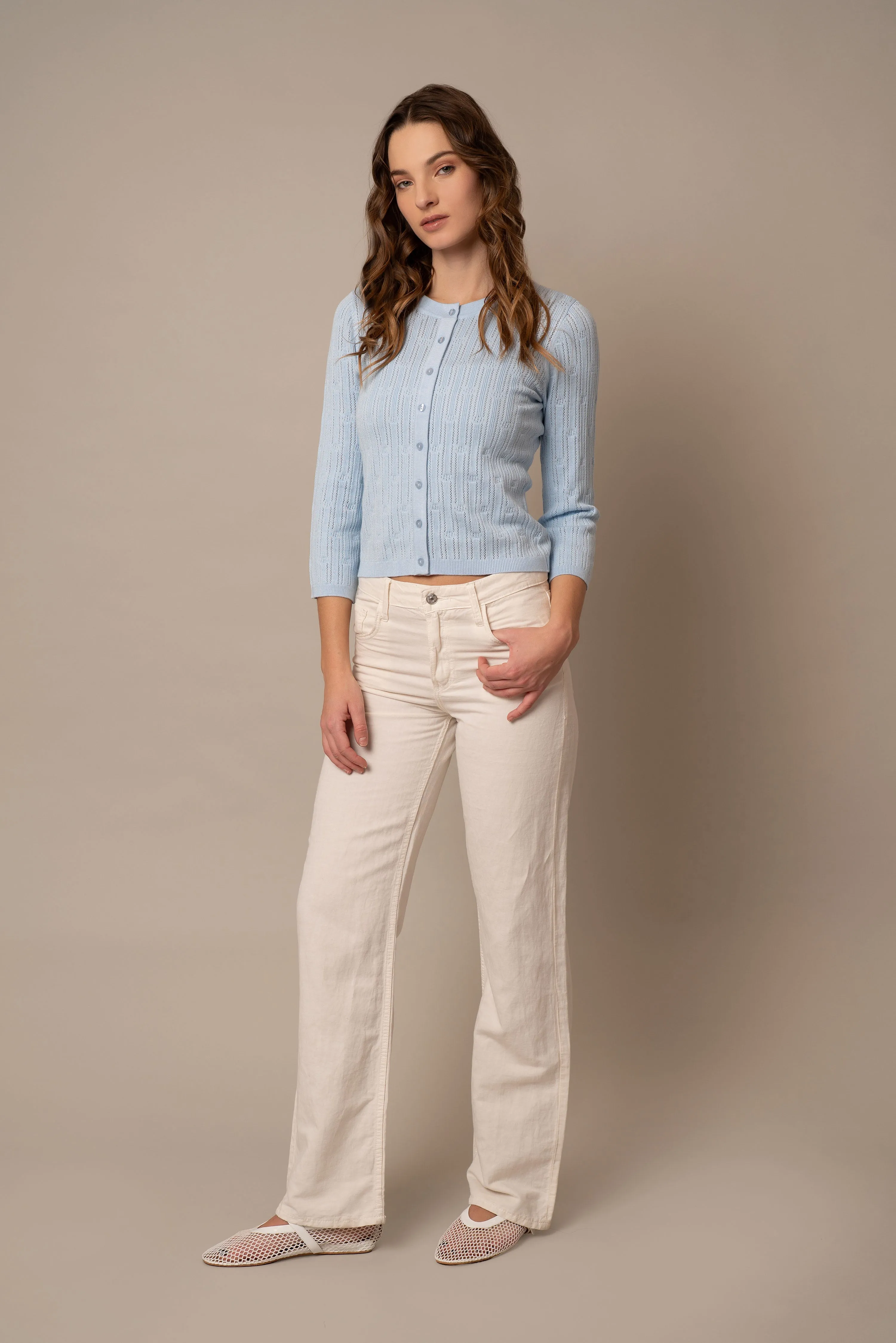 Pointelle Novelty Crew Neck Cardigan soft vibe