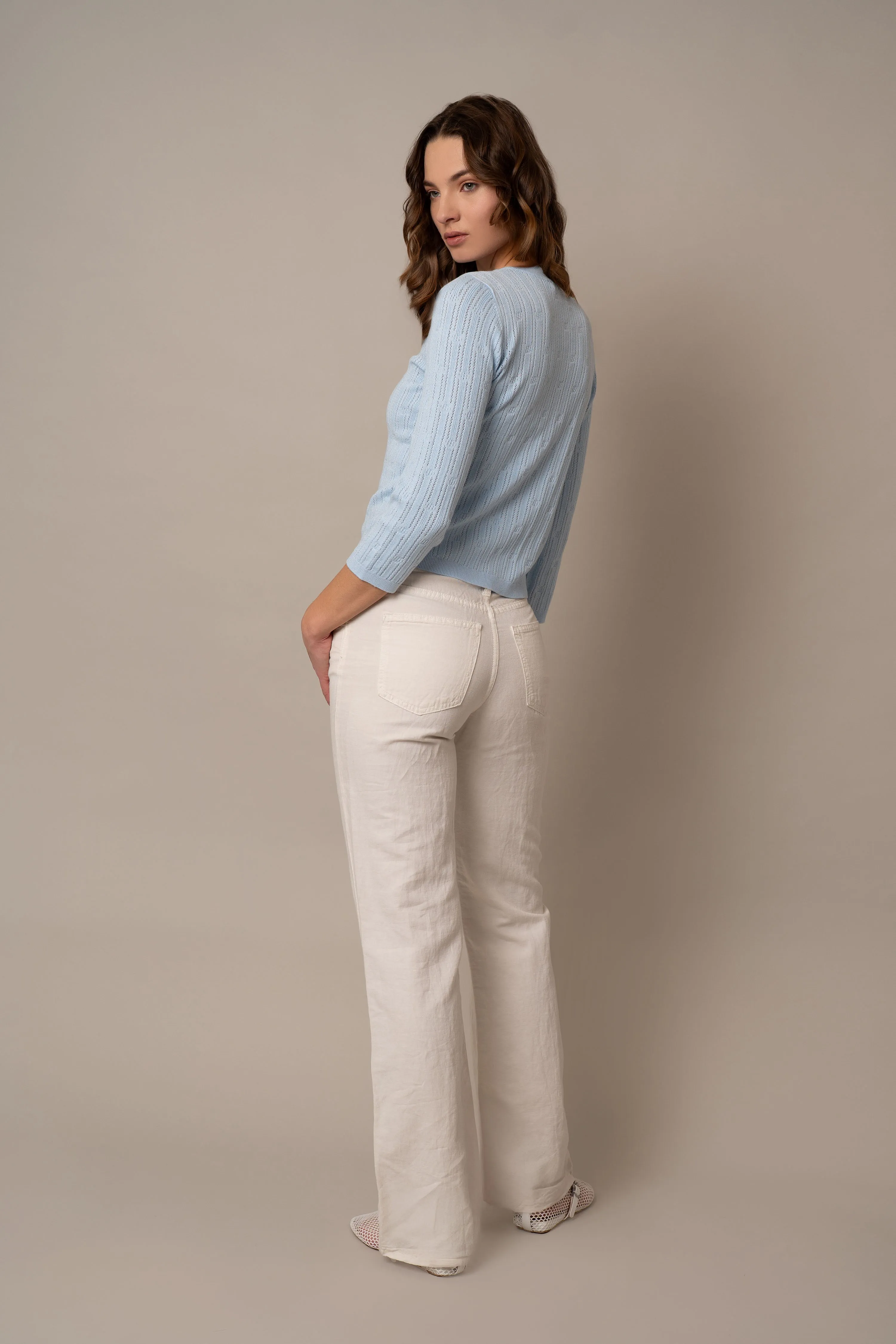 Pointelle Novelty Crew Neck Cardigan soft vibe