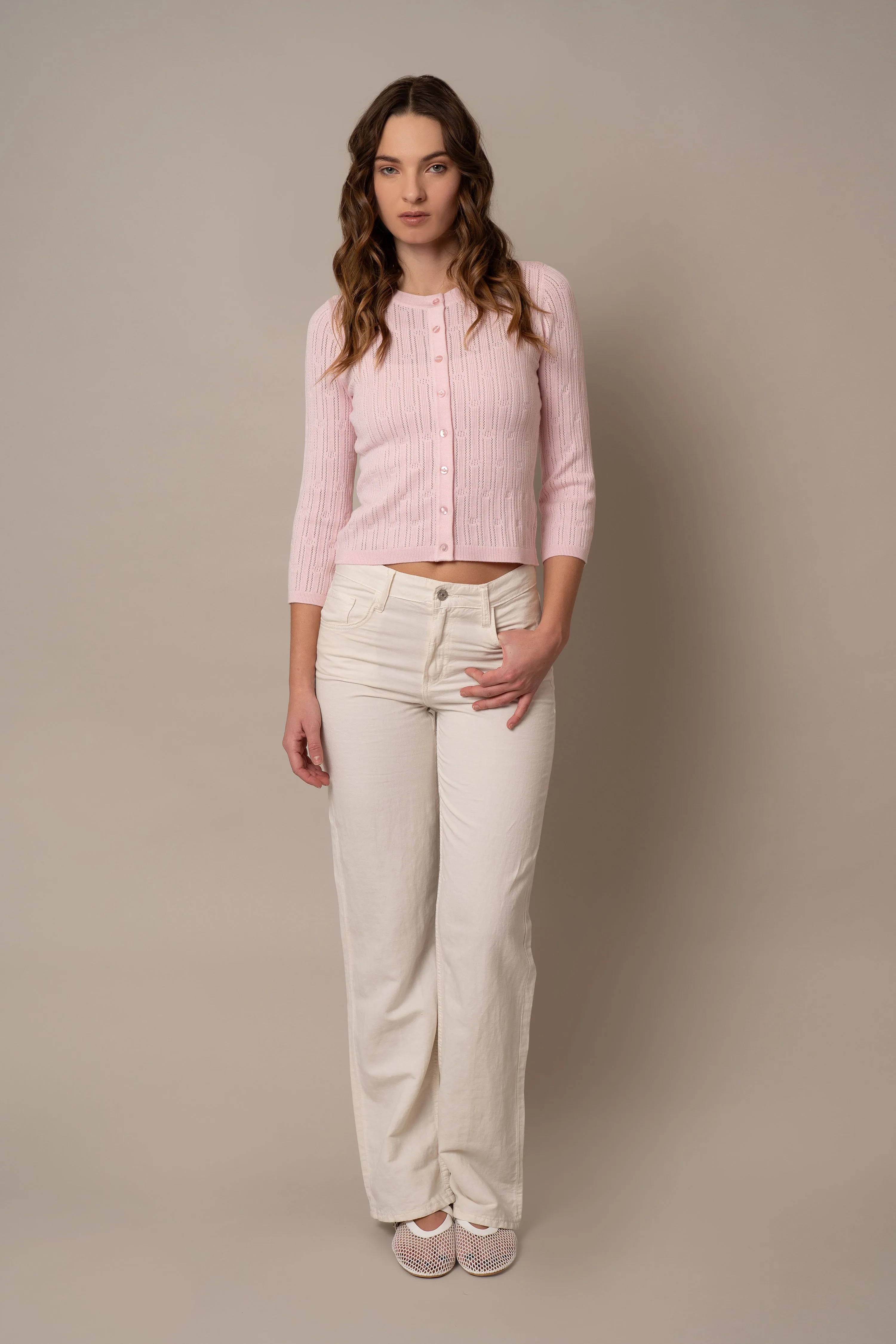 Pointelle Novelty Crew Neck Cardigan soft vibe