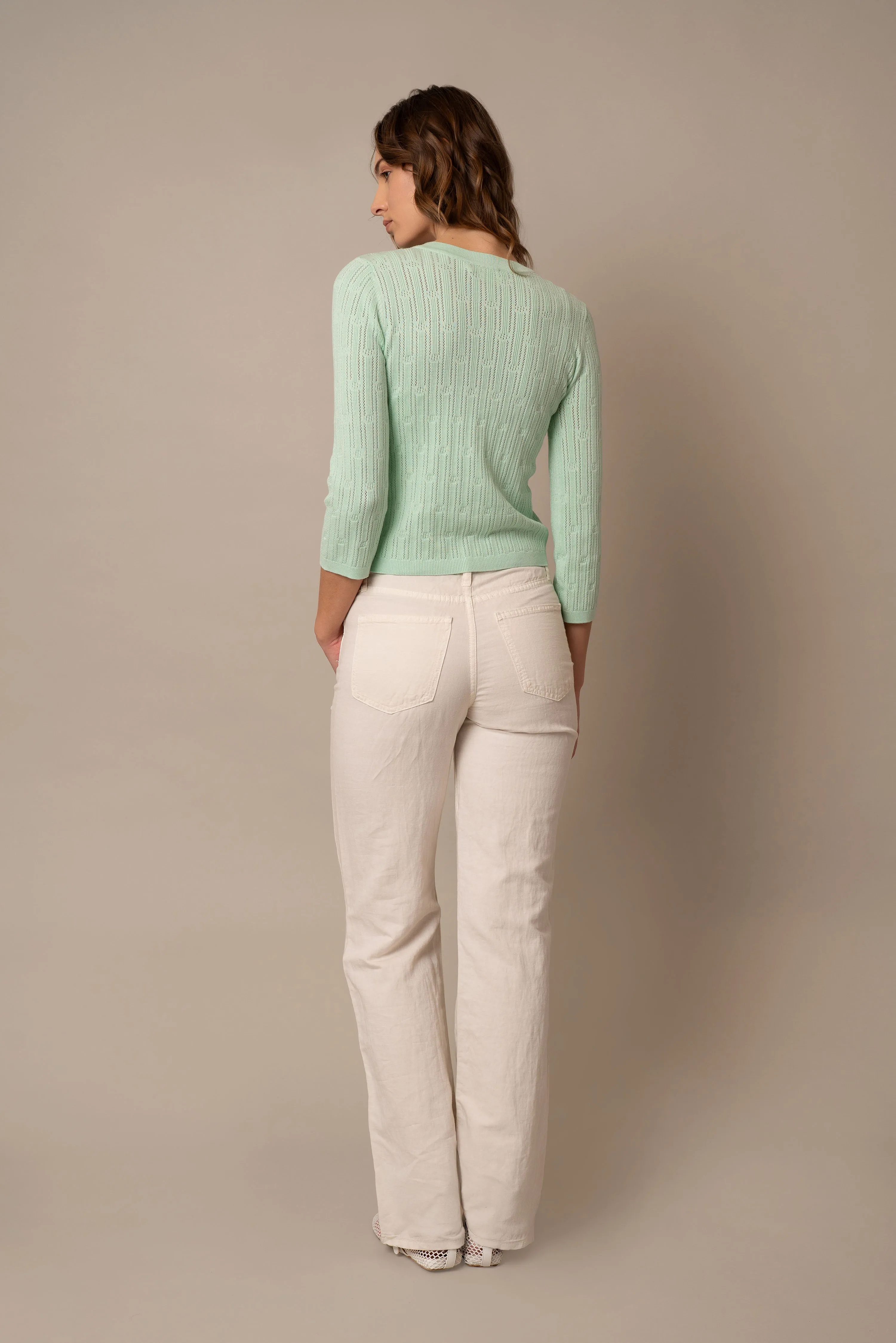 Pointelle Novelty Crew Neck Cardigan soft vibe