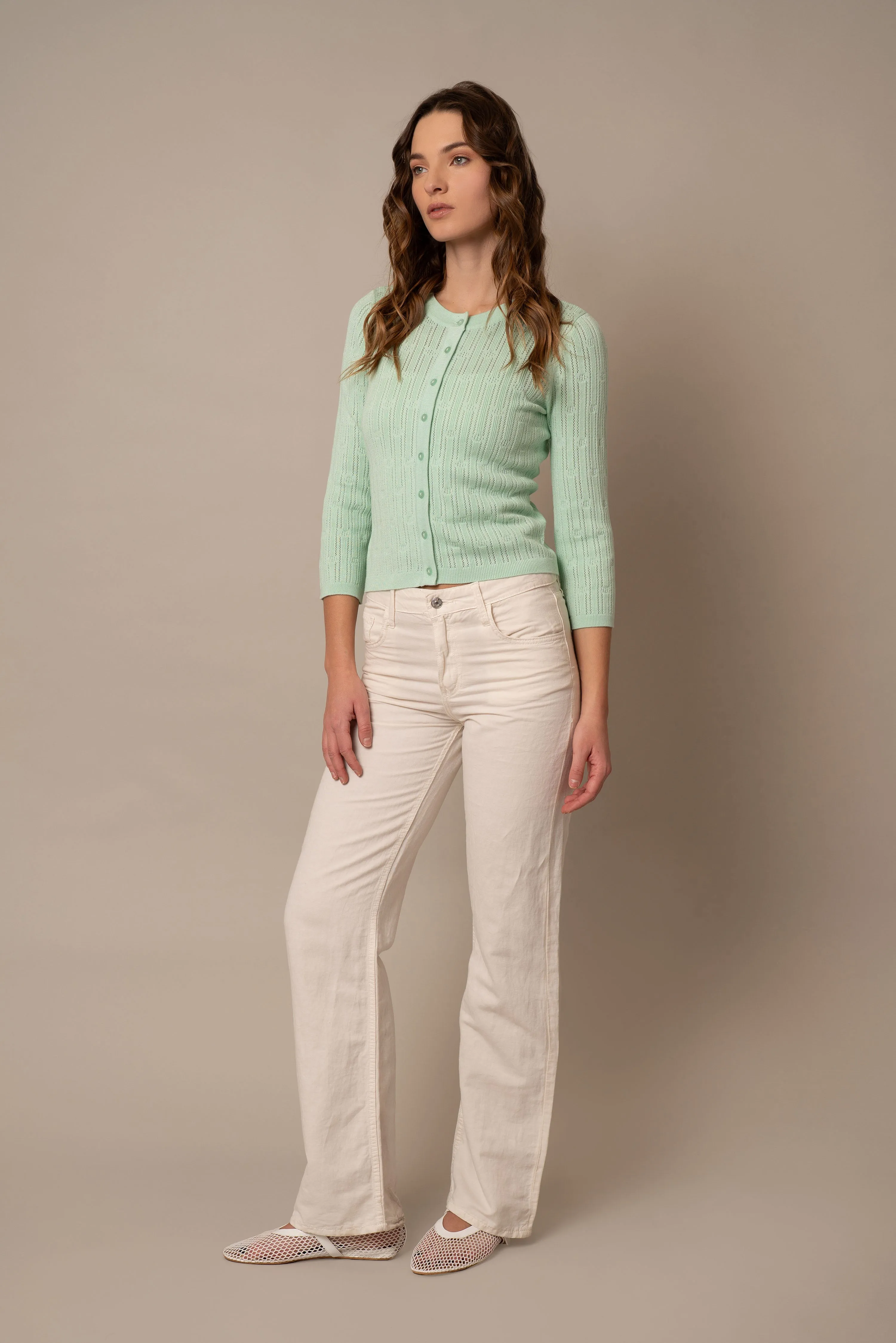 Pointelle Novelty Crew Neck Cardigan soft vibe