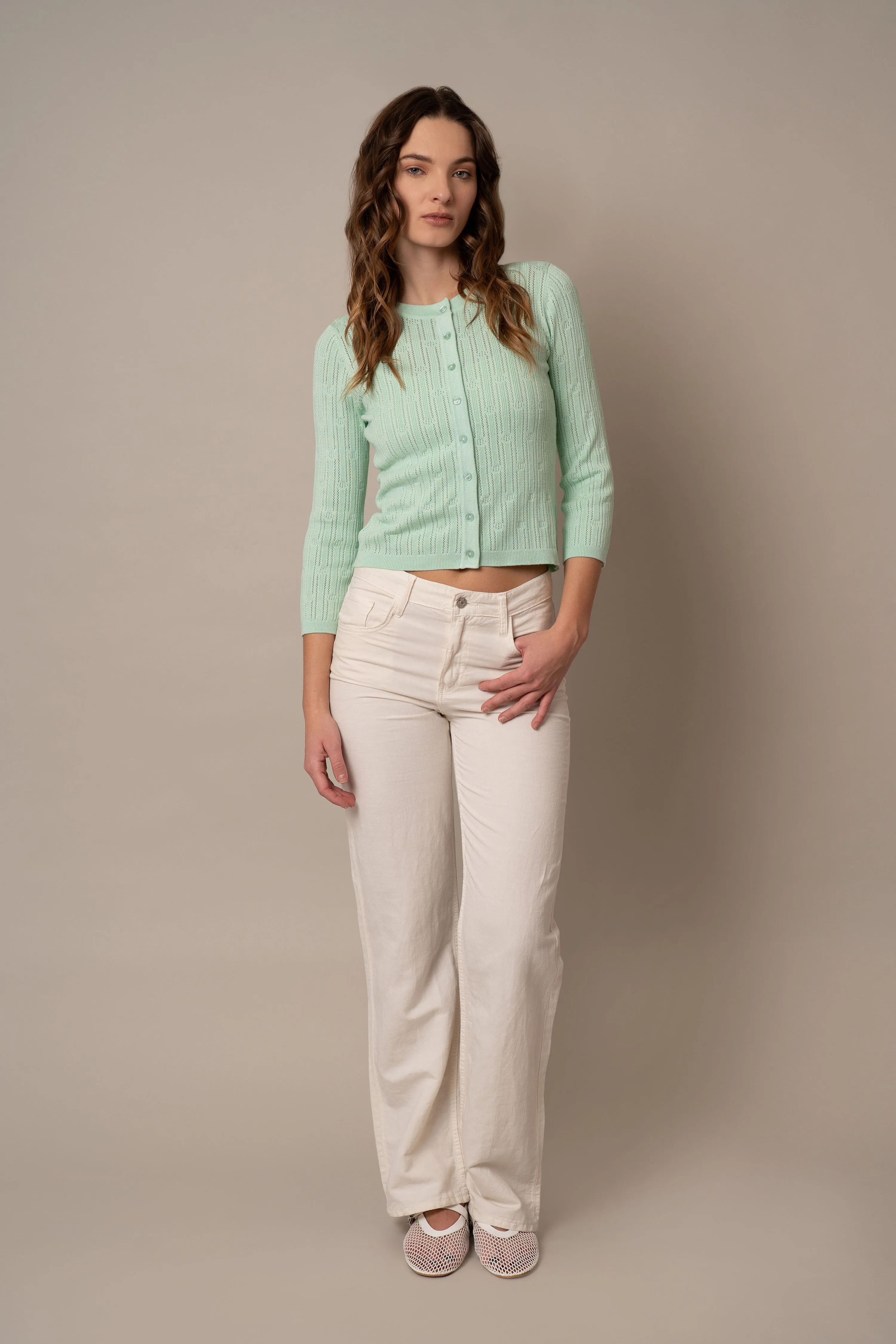 Pointelle Novelty Crew Neck Cardigan soft vibe