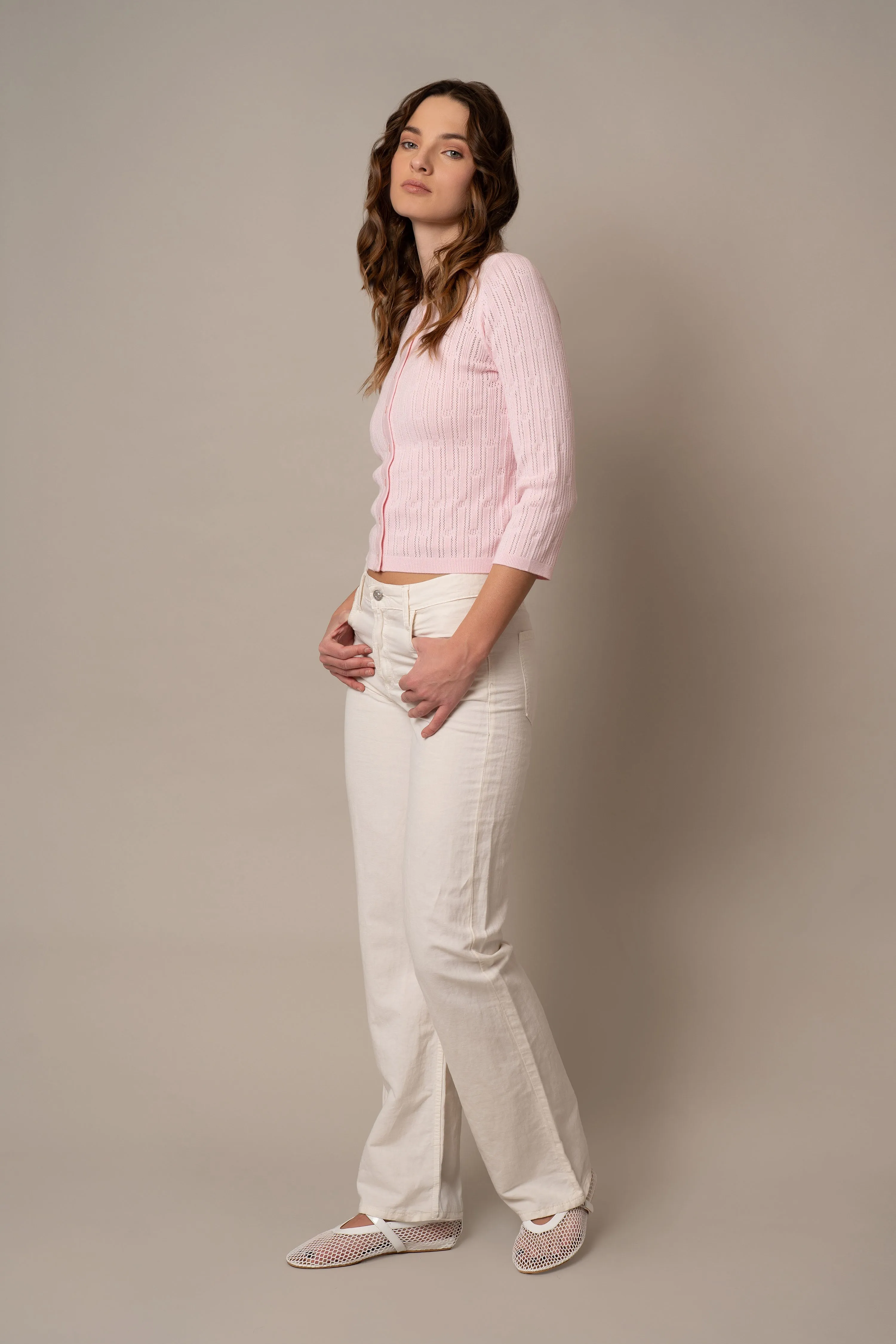 Pointelle Novelty Crew Neck Cardigan soft vibe