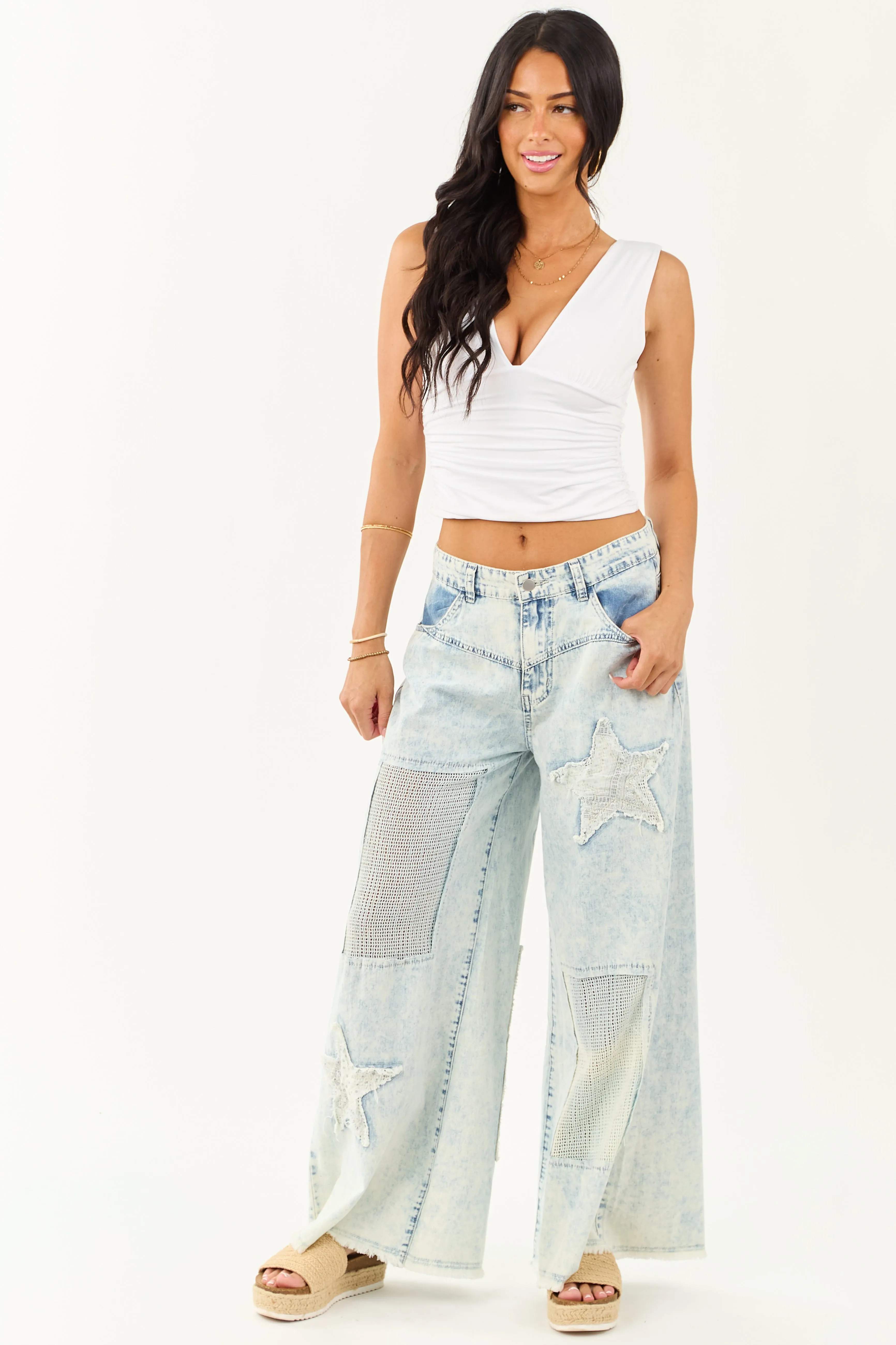 POL Acid Wash Patchwork Lightweight Denim Pants unisex wear