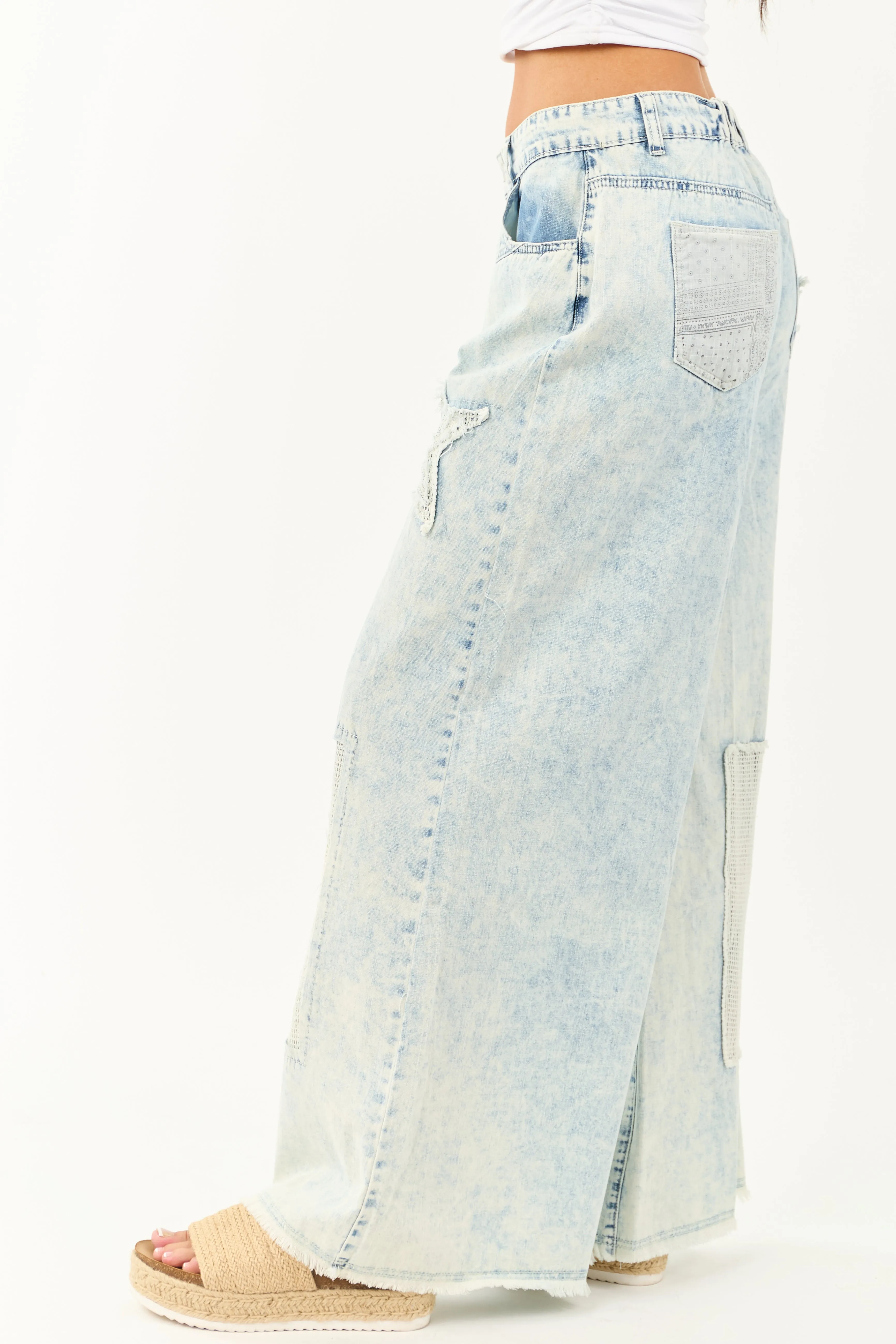 POL Acid Wash Patchwork Lightweight Denim Pants unisex wear