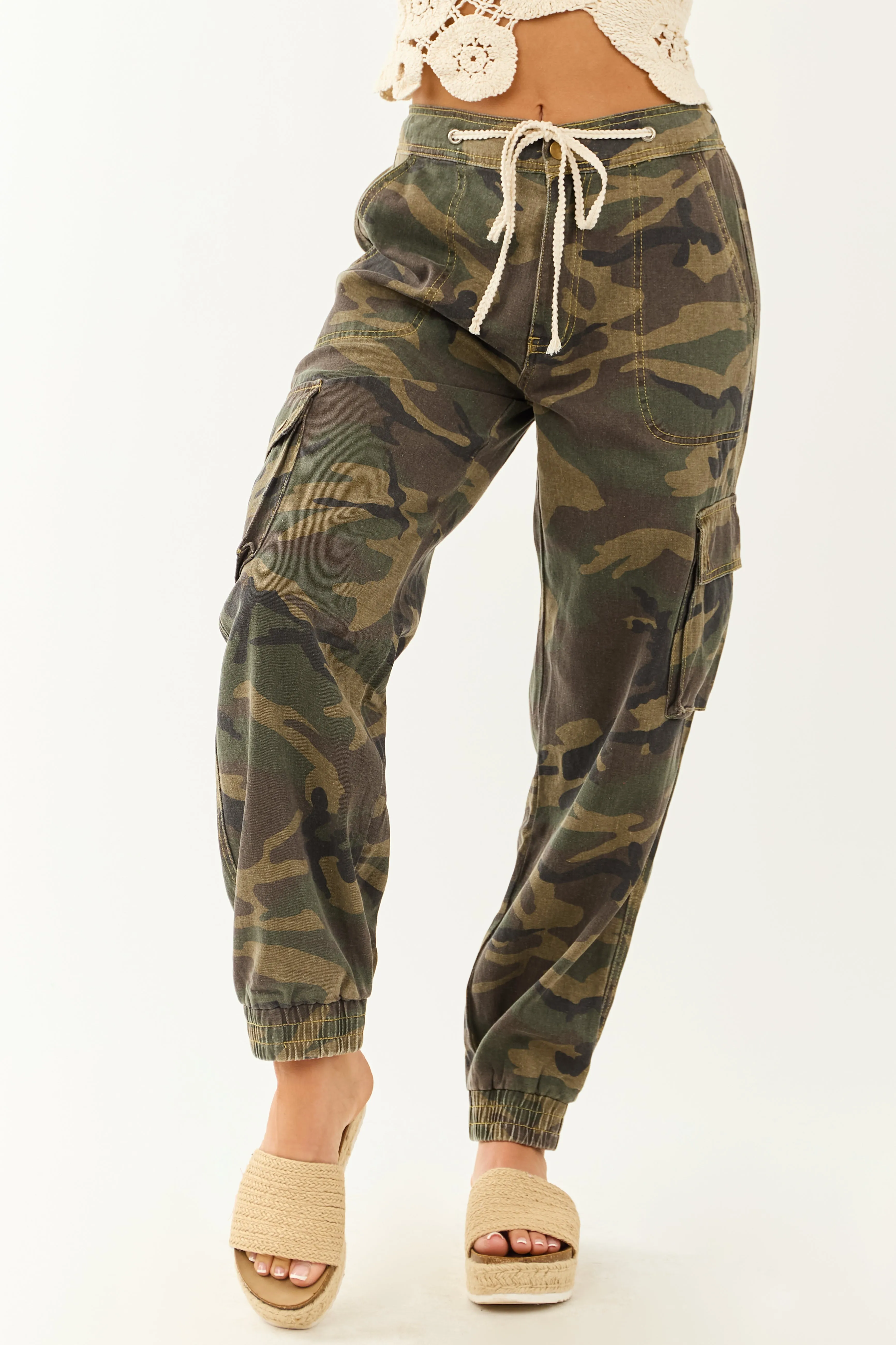 POL Army Green Camouflage Print Denim Cargo Joggers long wear