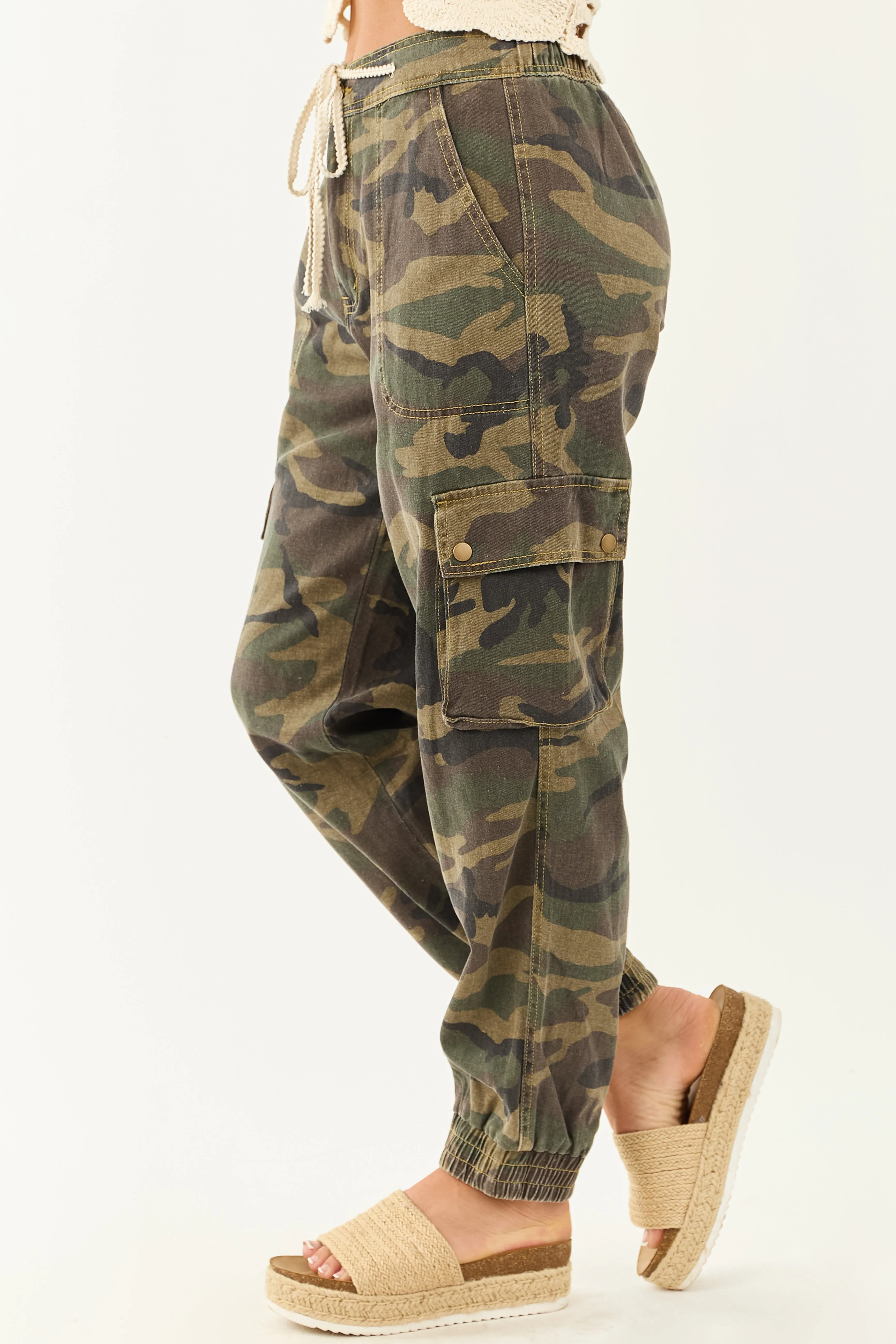 POL Army Green Camouflage Print Denim Cargo Joggers long wear
