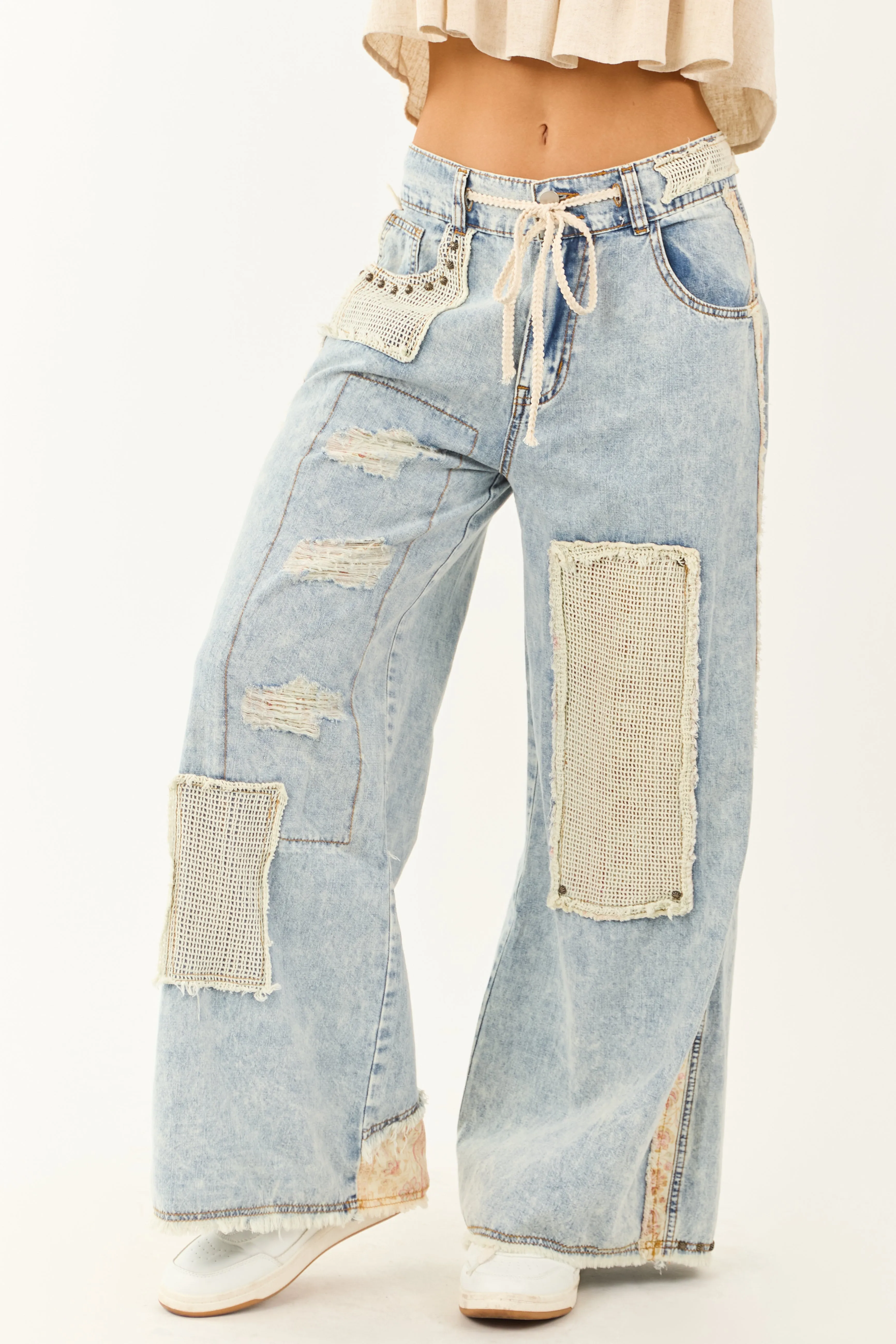 POL Light Acid Wash Denim Wide Leg Patchwork Pants urban cool