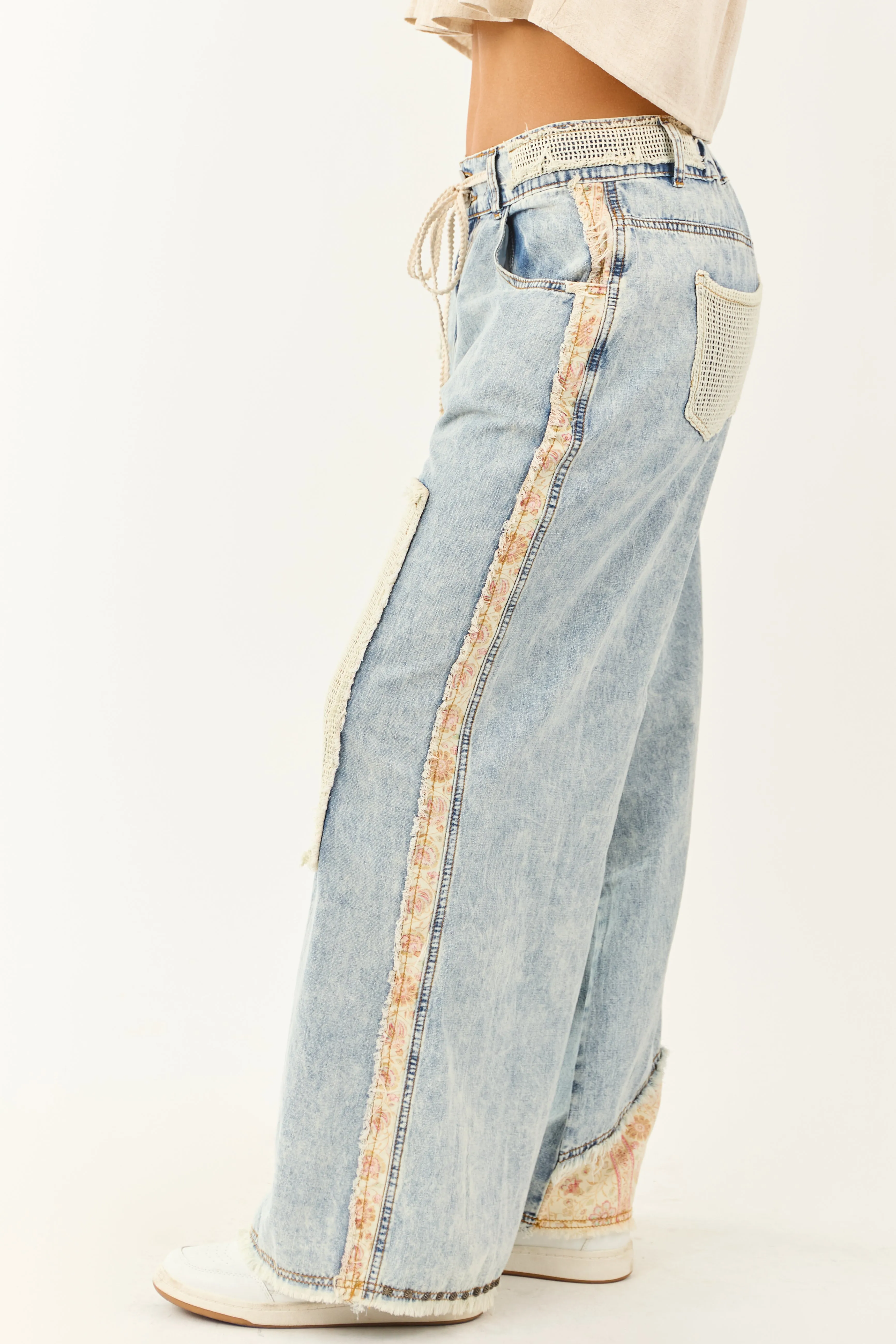 POL Light Acid Wash Denim Wide Leg Patchwork Pants urban cool