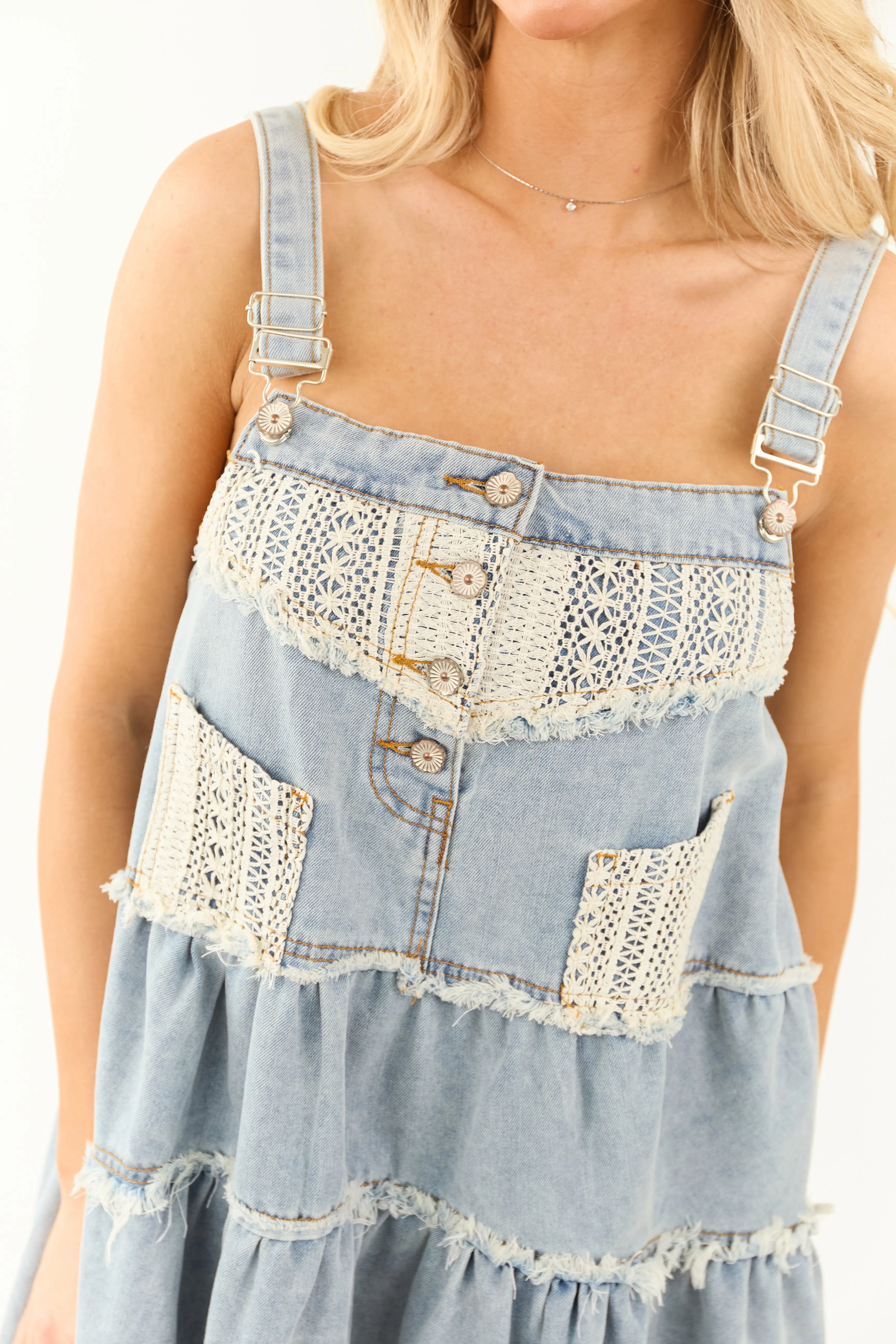 POL Light Wash Denim Button Suspender Mini Dress cutout design