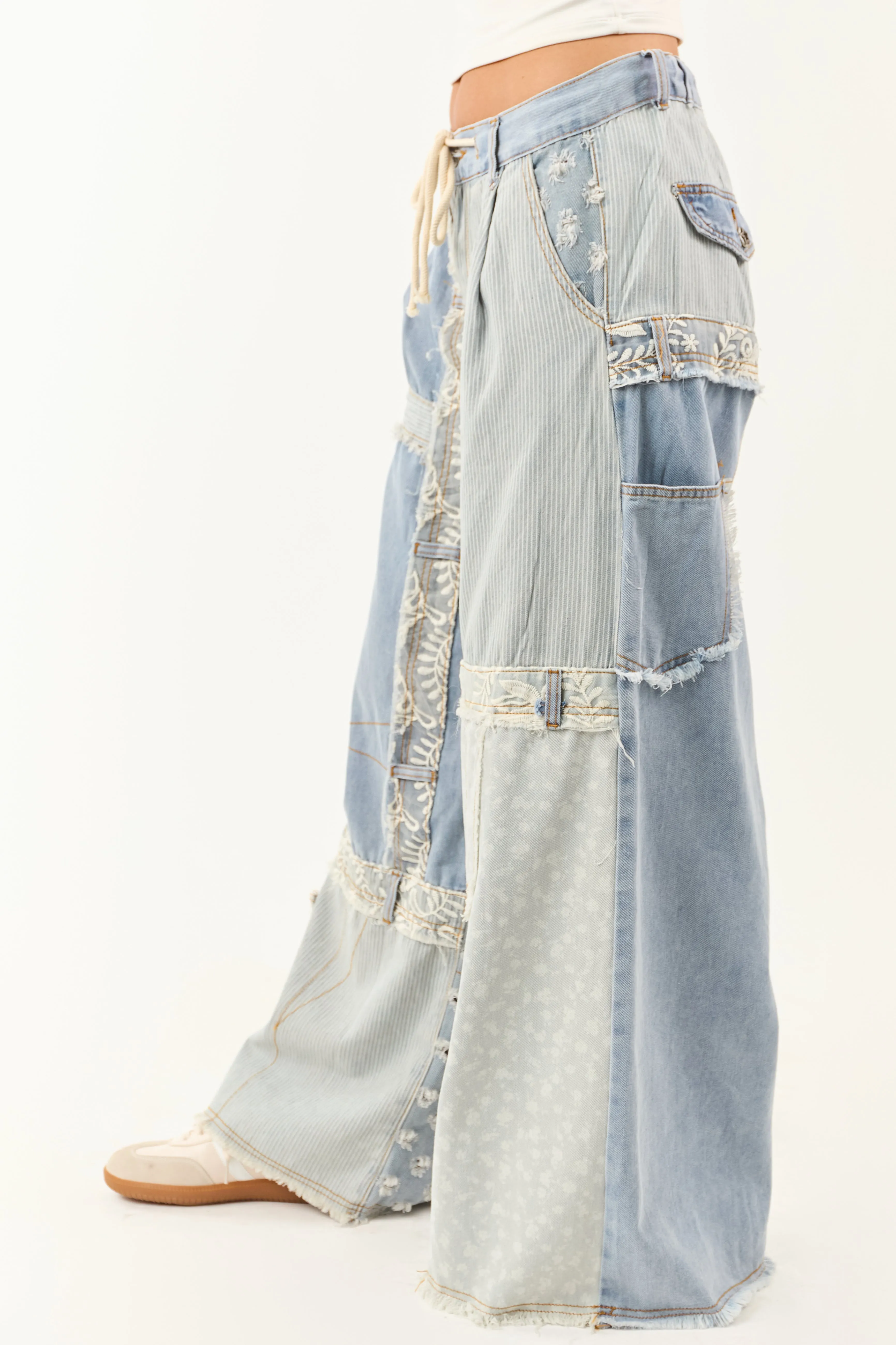 POL Light Wash Denim Patchwork Wide Leg Pants long wear