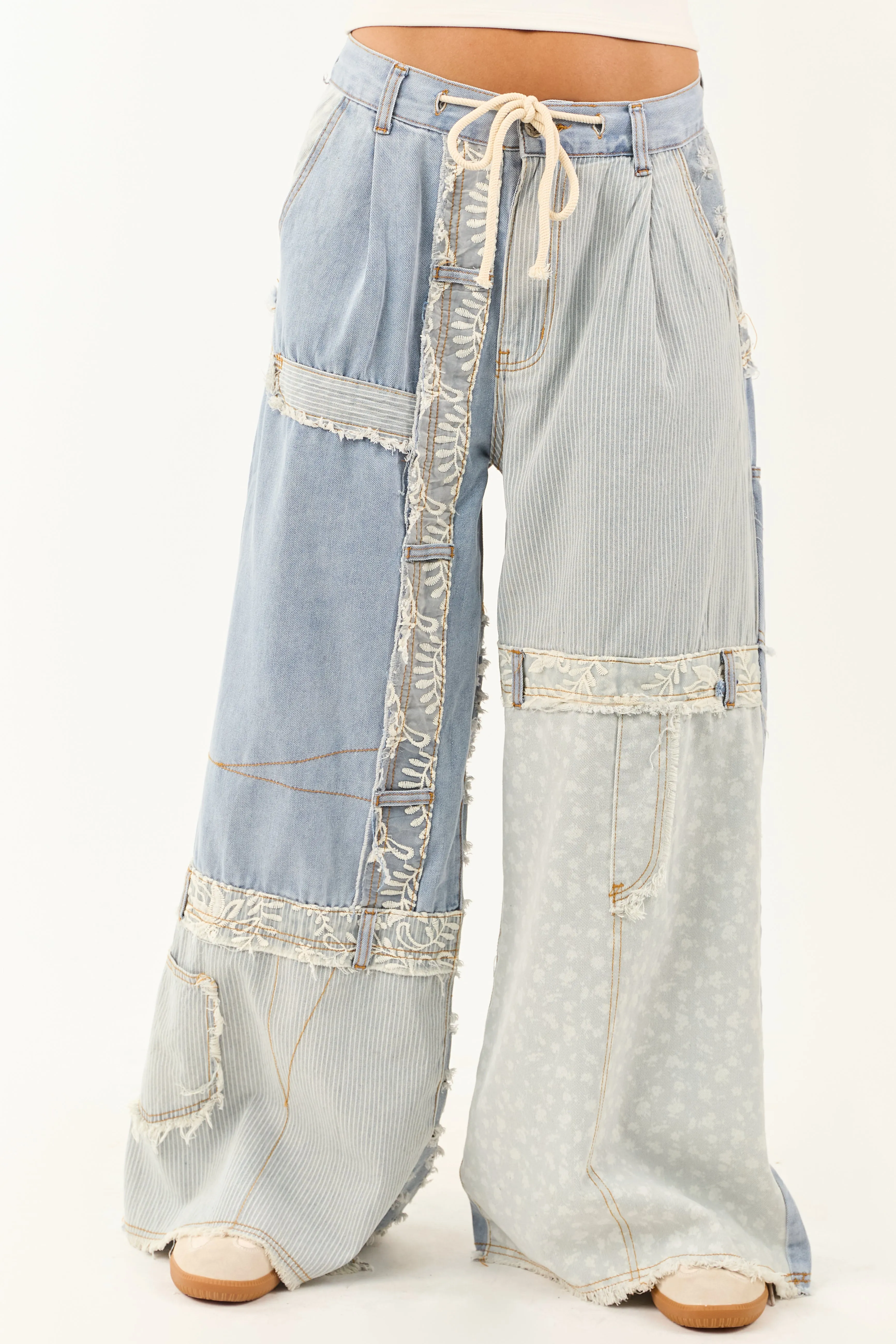 POL Light Wash Denim Patchwork Wide Leg Pants long wear