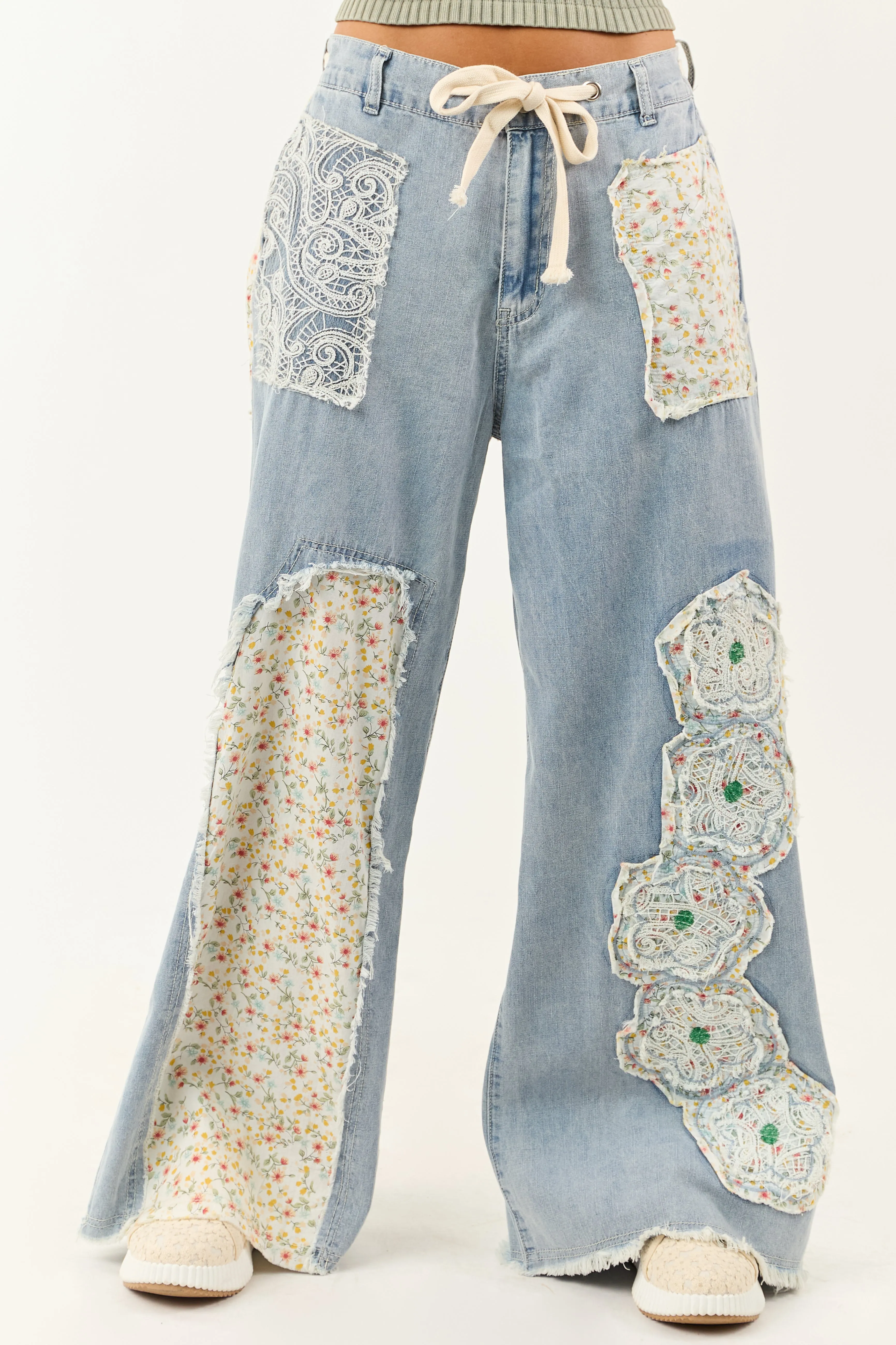 POL Light Wash Floral Patchwork Denim Pants light retro