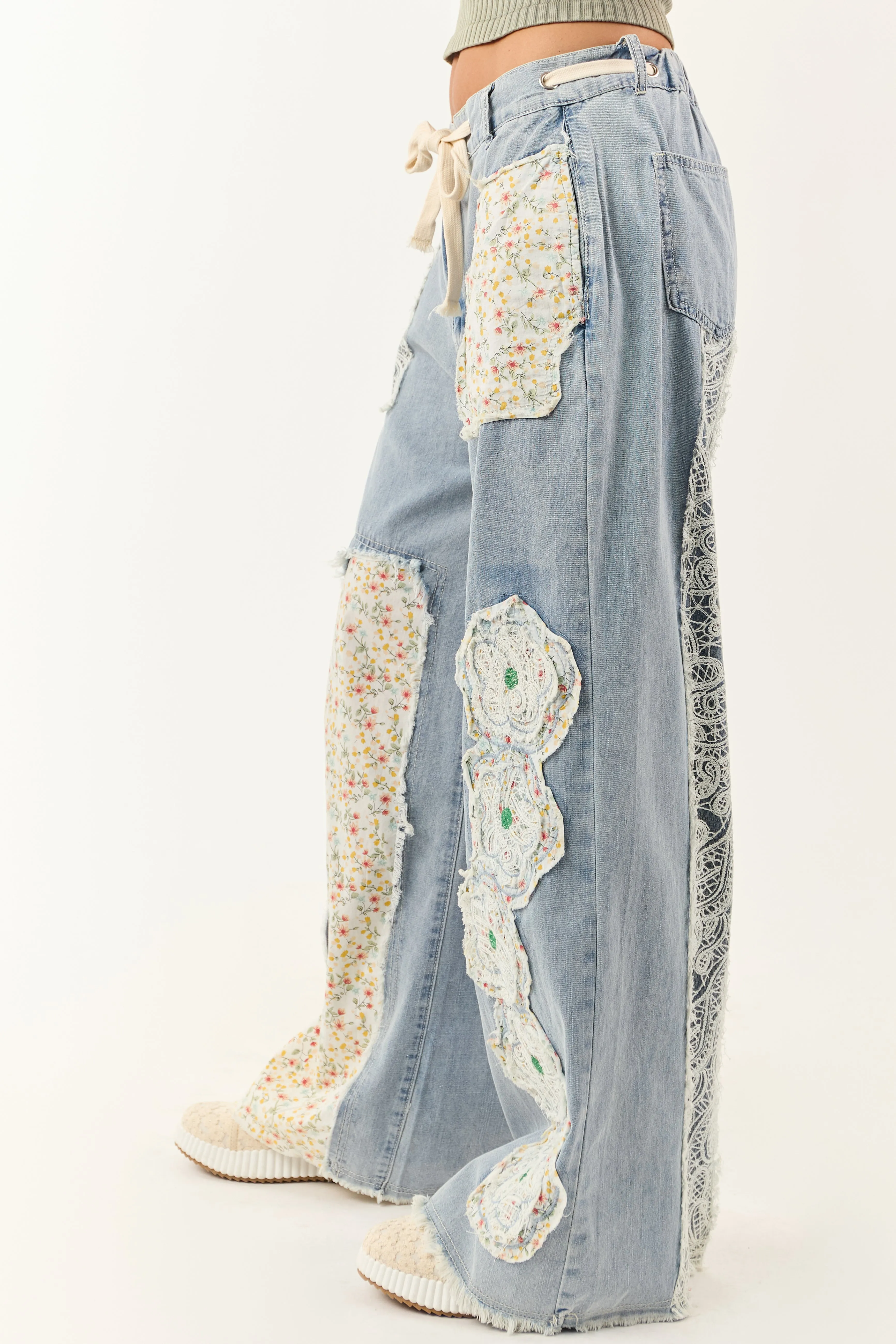 POL Light Wash Floral Patchwork Denim Pants light retro
