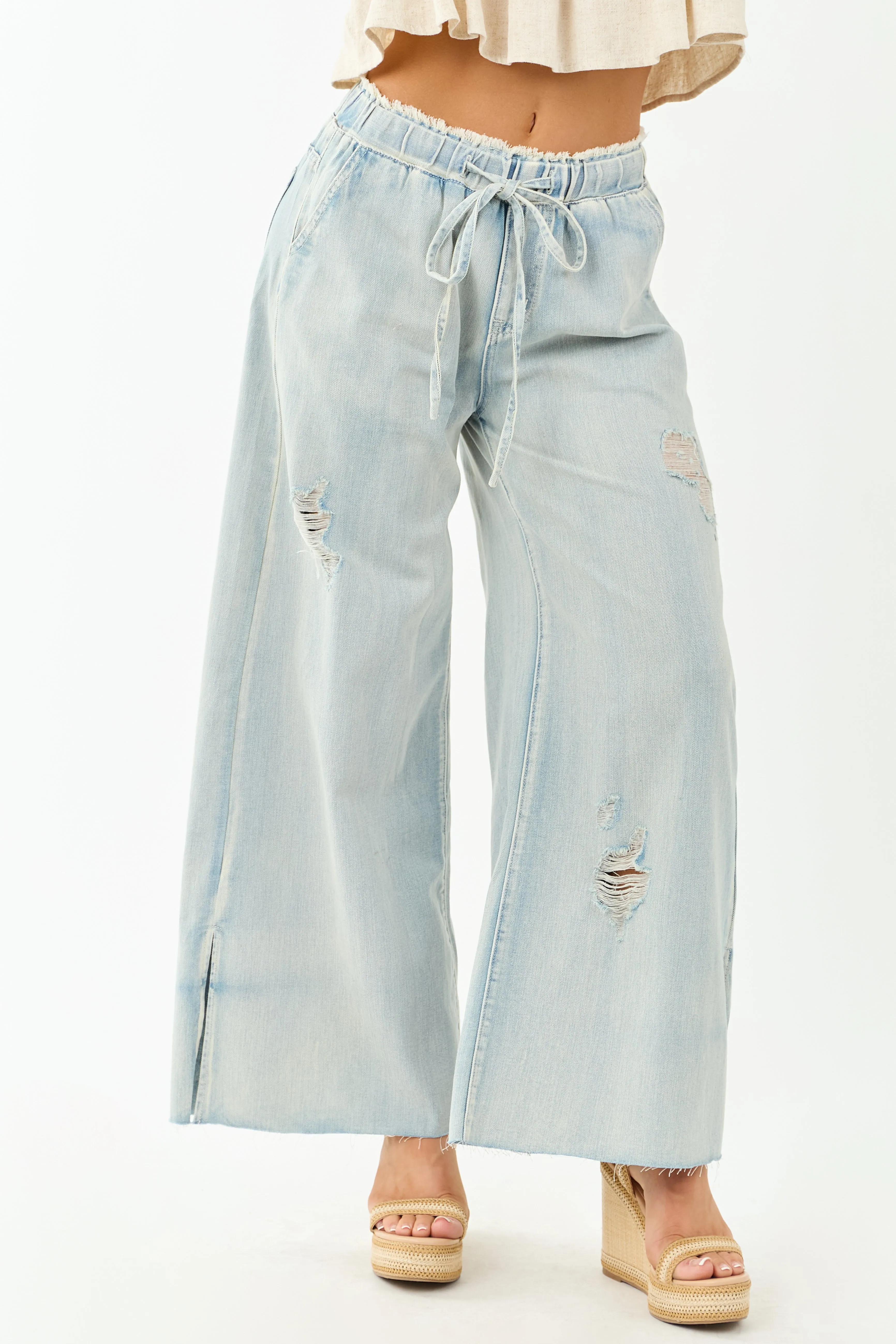 POL Light Wash Lightweight Denim Drawstring Pants bold spirit