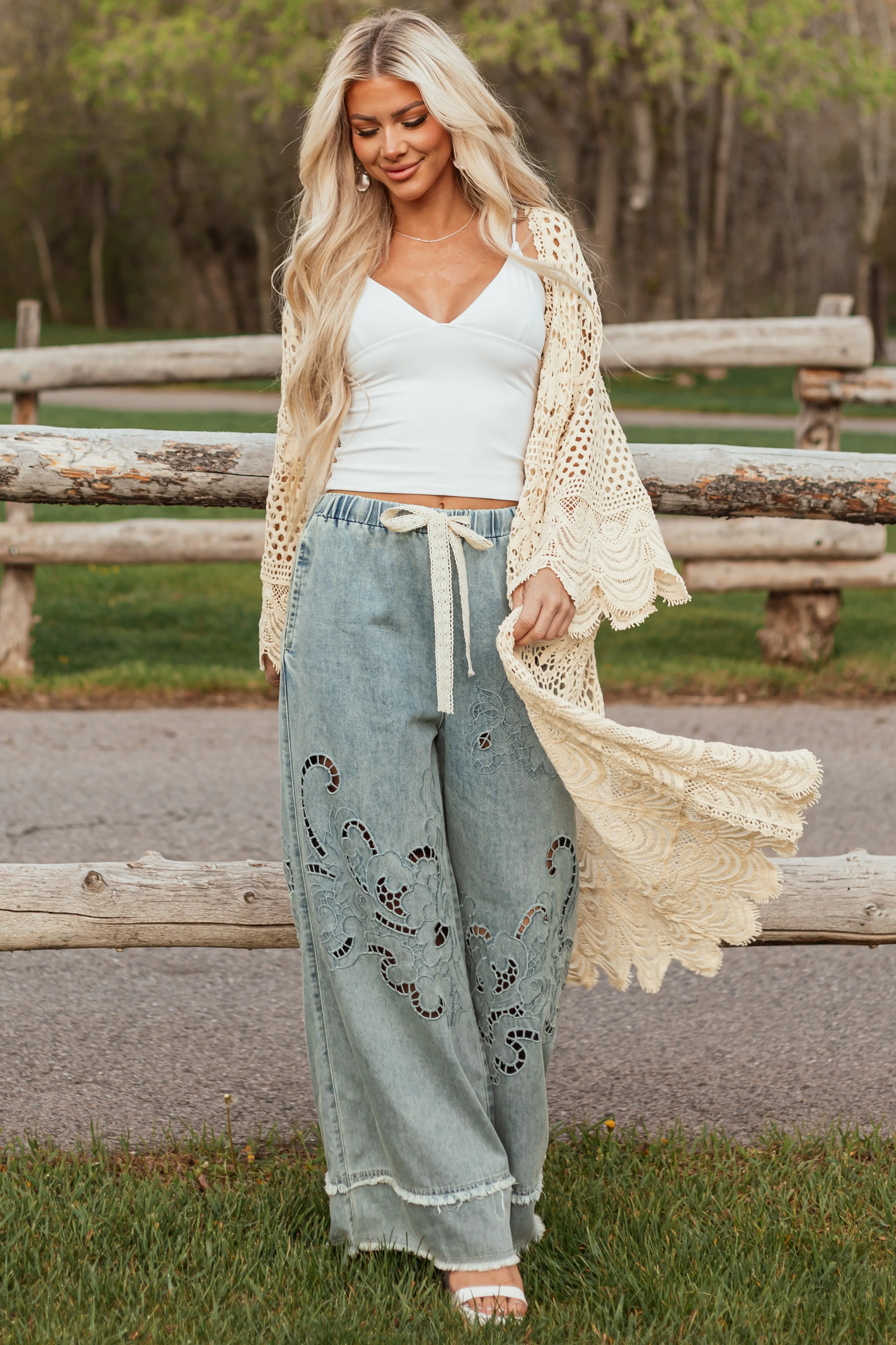 POL Medium Wash Open Embroidered Wide Leg Pants look ready