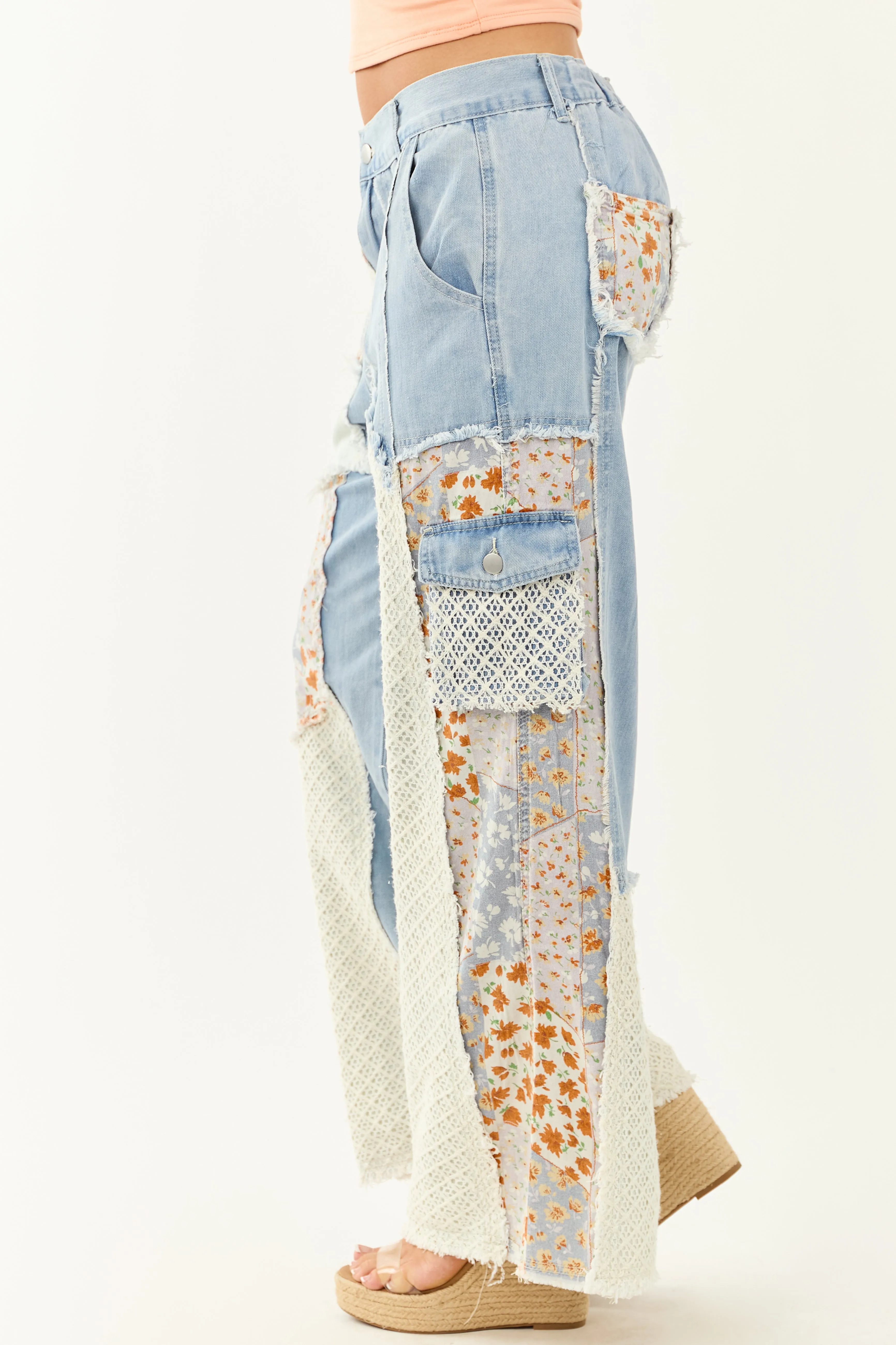 POL Medium Wash Patchwork Wide Leg Cargo Pants style shift