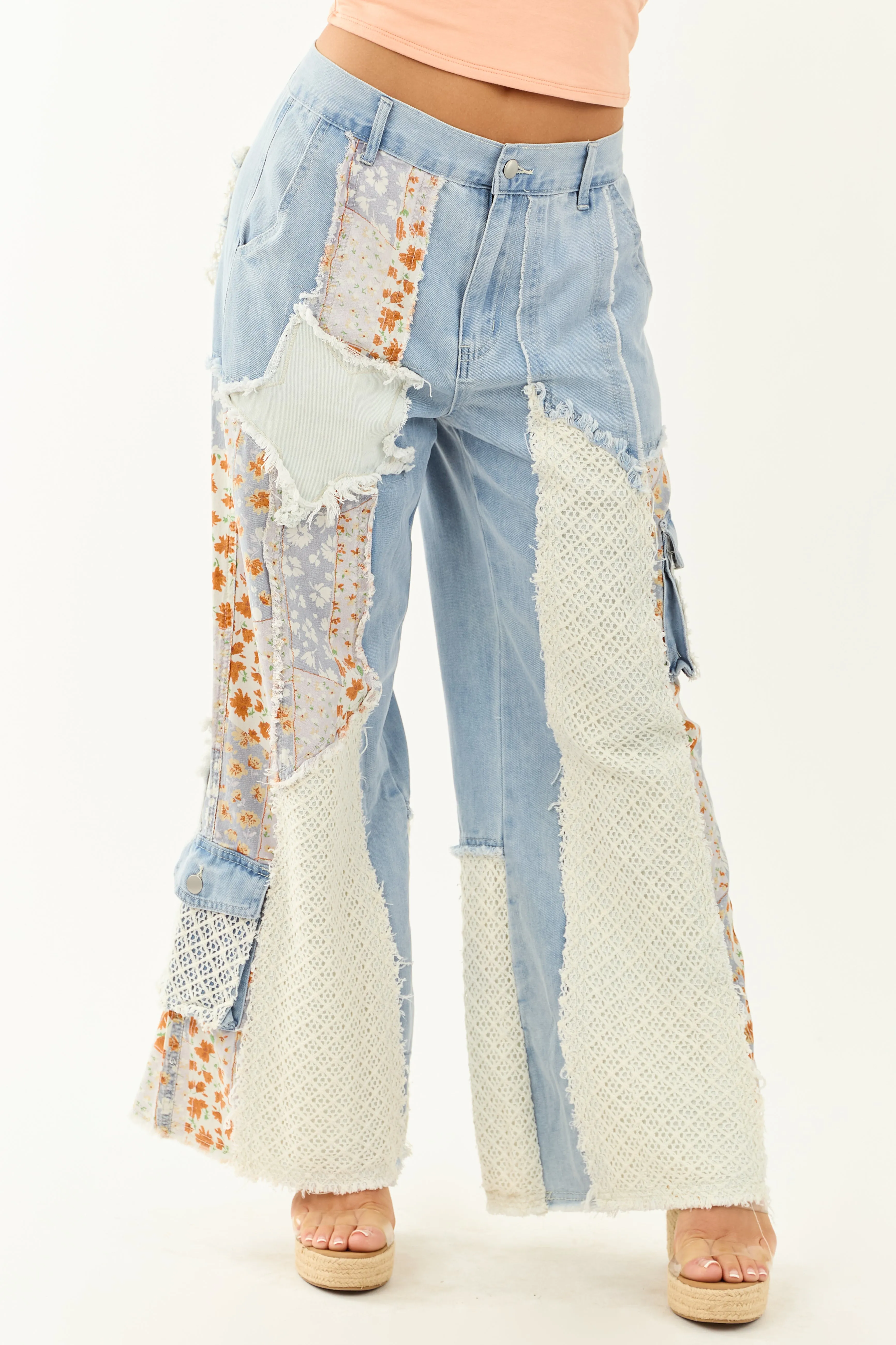 POL Medium Wash Patchwork Wide Leg Cargo Pants style shift