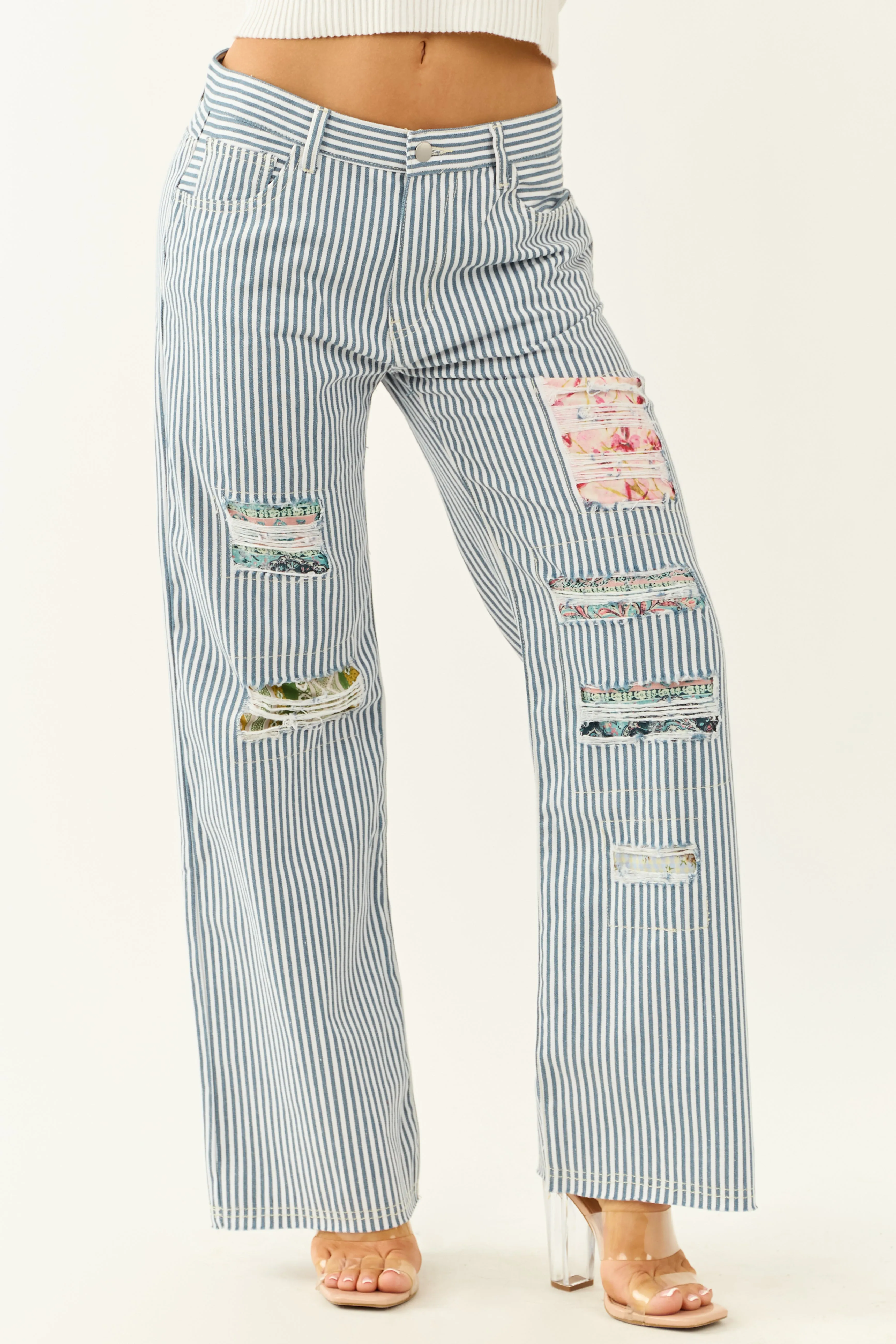 POL Ocean Railroad Stripe Patchwork Straight Leg Pants look tool