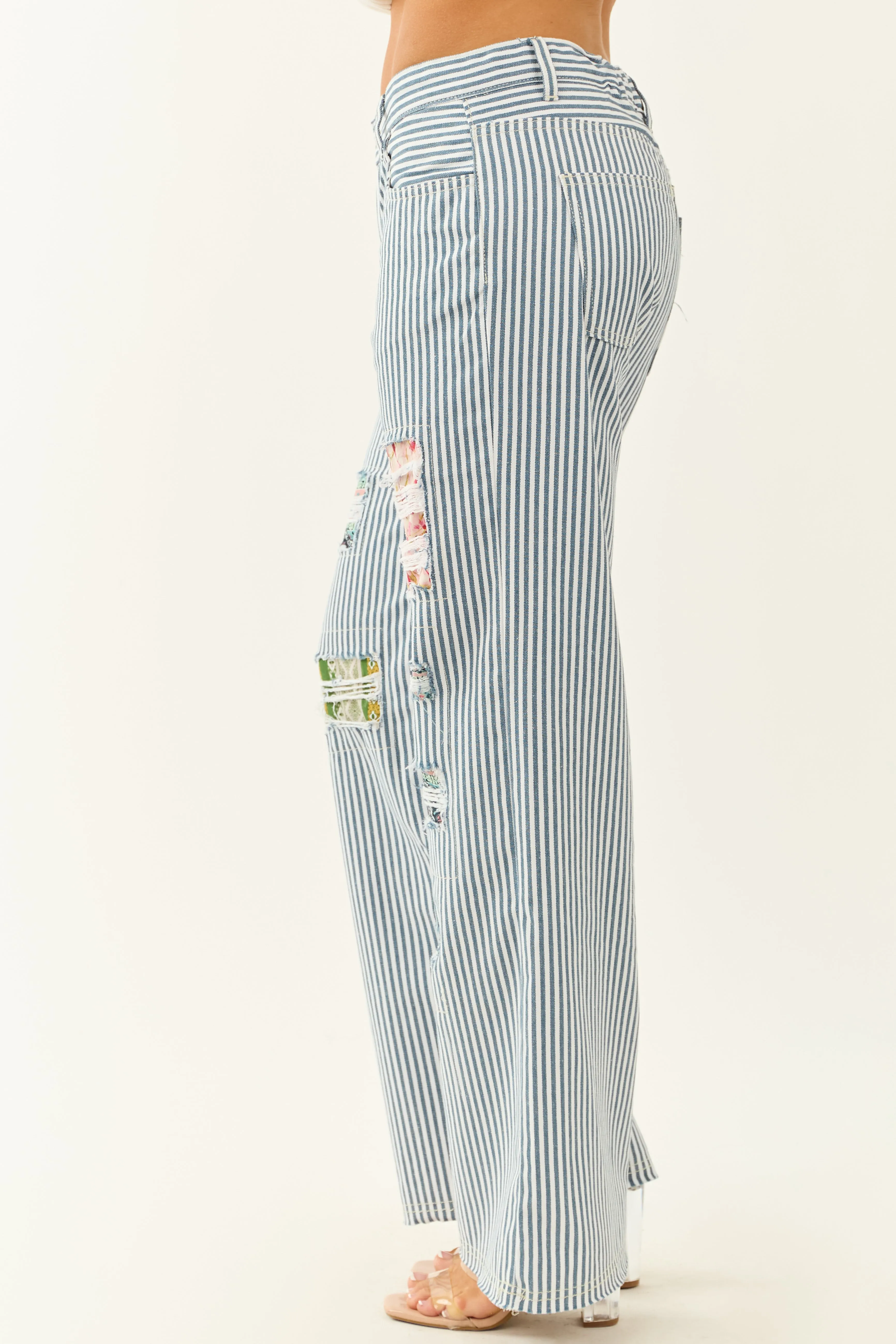 POL Ocean Railroad Stripe Patchwork Straight Leg Pants look tool