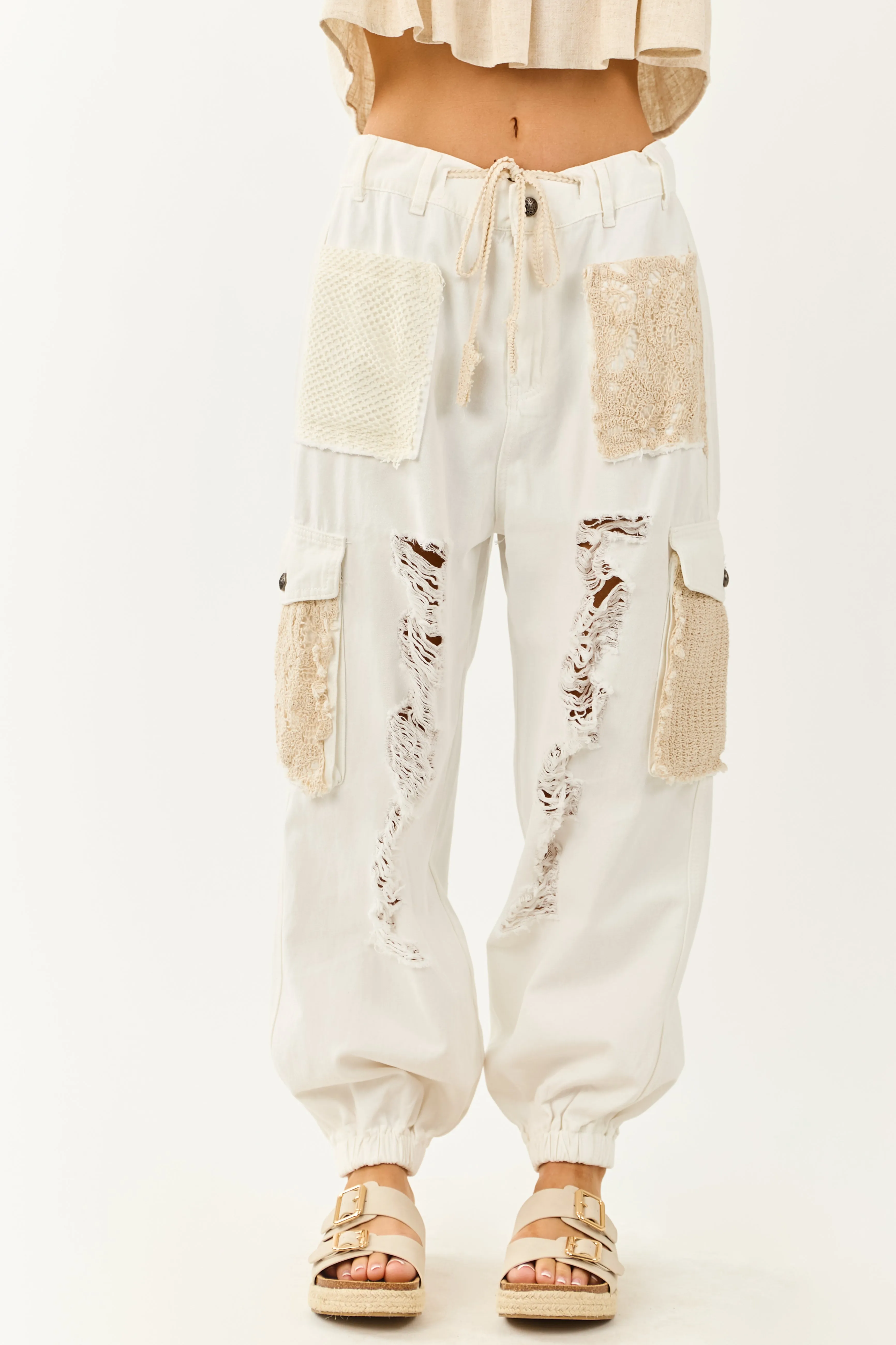 POL Off White Denim Patchwork Cargo Jogger Pants school outfit